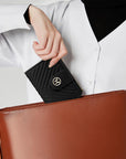 Victoria Hyde Rosi black genuine leather wallet, multifunctional design with 19 card slots, side bill compartment, and zippered coin pocket.