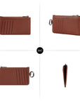 Victoria Hyde caramel genuine leather card holder, unisex & multifunctional. Features 10 card slots, 1 ticket slot, zippered coin pocket, and detachable side closure.