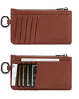 Victoria Hyde caramel genuine leather card holder, unisex & multifunctional. Features 10 card slots, 1 ticket slot, zippered coin pocket, and detachable side closure.