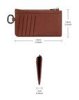 Victoria Hyde caramel genuine leather card holder, unisex & multifunctional. Features 10 card slots, 1 ticket slot, zippered coin pocket, and detachable side closure.