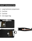 Victoria Hyde multifunctional genuine leather card holder in caramel color, unisex design with 10 card slots, ticket slot, coin pocket, and detachable closure.