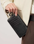 Victoria Hyde multifunctional genuine leather card holder in caramel color, unisex design with 10 card slots, ticket slot, coin pocket, and detachable closure.