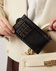Victoria Hyde multifunctional genuine leather card holder in caramel color, unisex design with 10 card slots, ticket slot, coin pocket, and detachable closure.