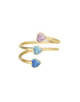 Victoria Hyde London Estella gold wrap ring – three diamond hearts in different colors, copper + zirconium, 5x5 mm heart, inner diameter 16.5 mm.