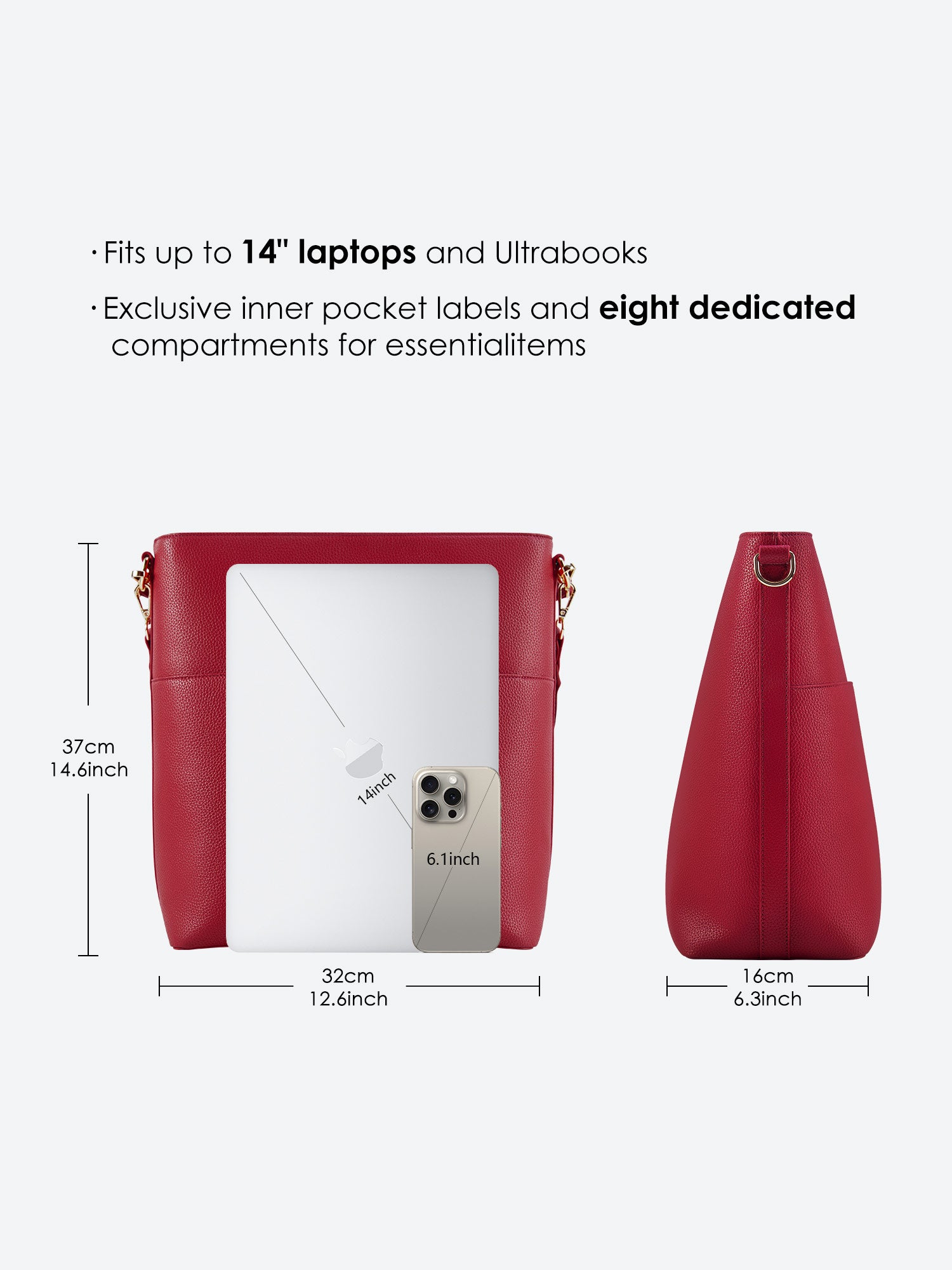 Size overview of the Kloey business bag in deep red: Showing dimensions (32x37x16cm), fit for laptops up to 14 inches, and the smart interior organization.