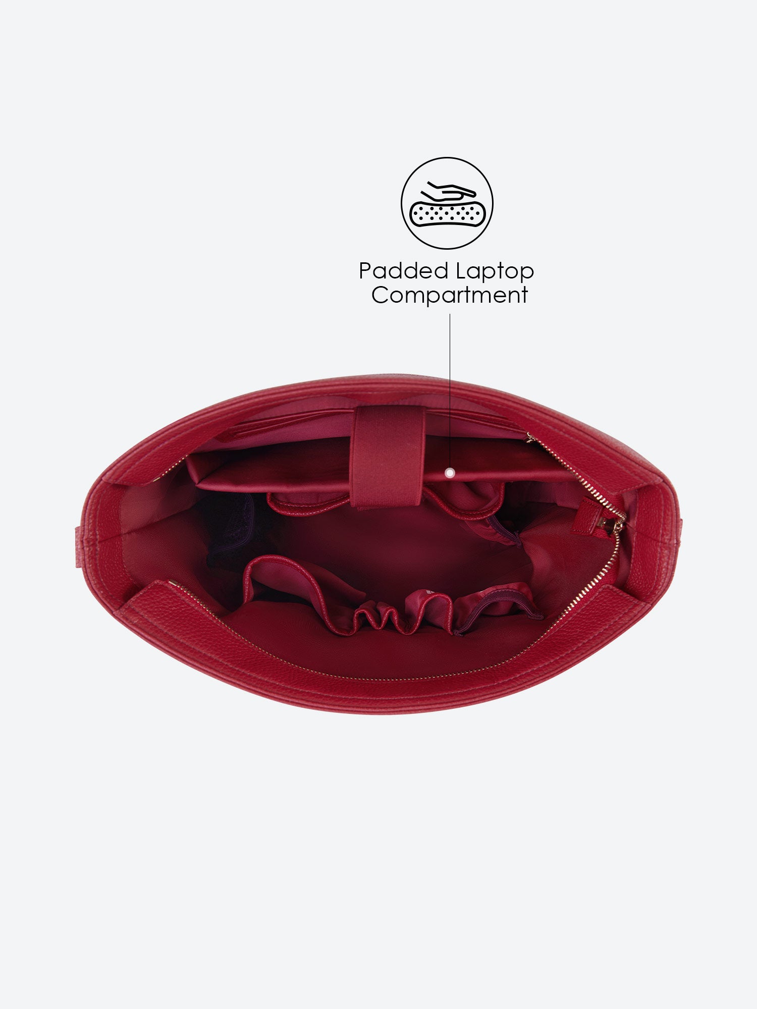 Interior view of the Kloey Business Bag: Padded 14-inch laptop compartment and smart organizer pockets for accessories like headphones and pens in deep red.