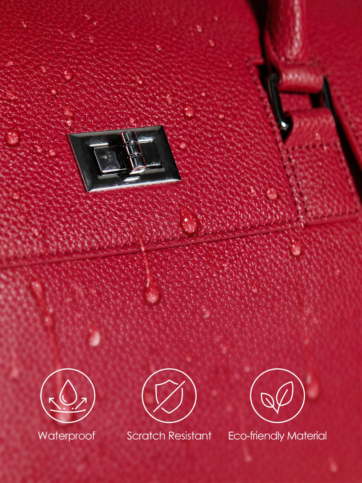 Detail view of the Kloey business bag in deep red: Showing water-repellent, scratch-resistant microfiber leather and sustainable material properties.