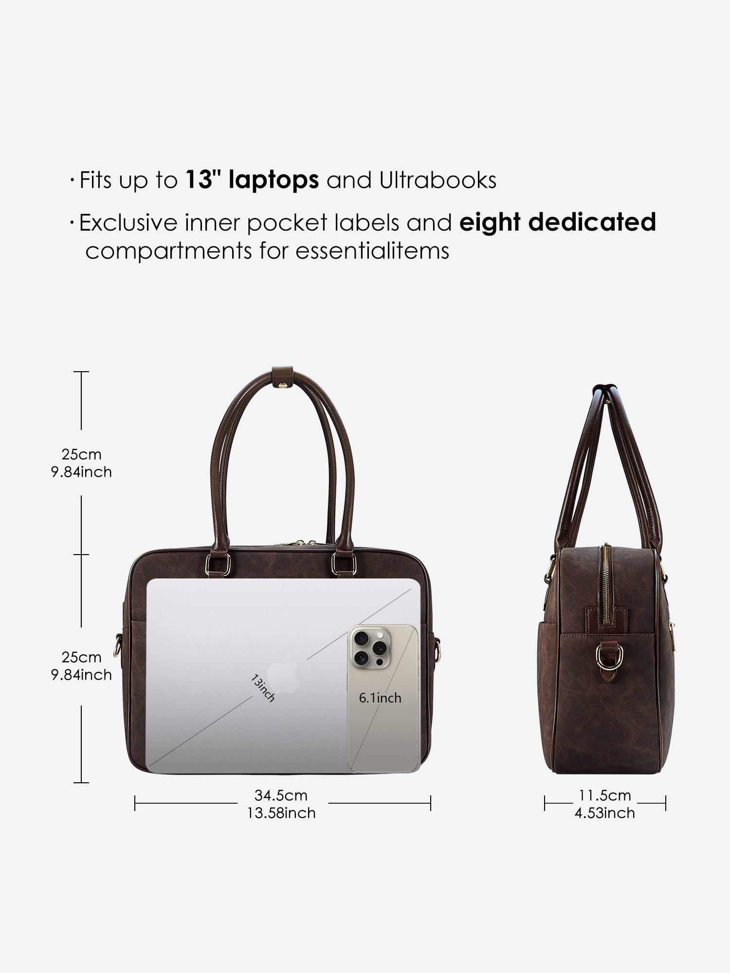 Victoria Hyde Margaret Large Brown work bag – vegan microfiber leather, water-repellent, fits 13" laptop, smart interior, removable cosmetic bag, umbrella pouch. Ideal for professional women.