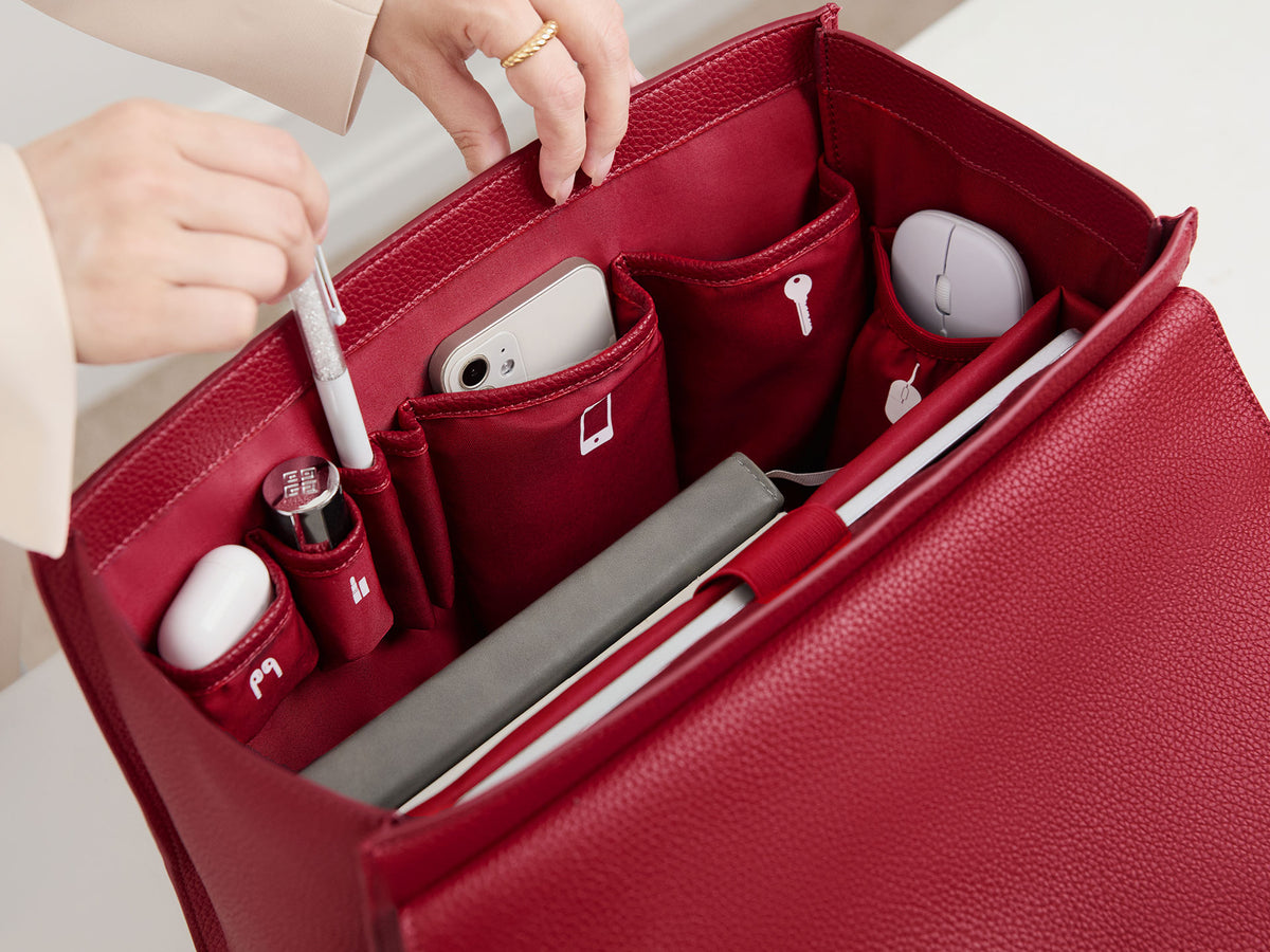 Victoria Hyde London Potter red microfiber leather interior structure and compartment display for work bag