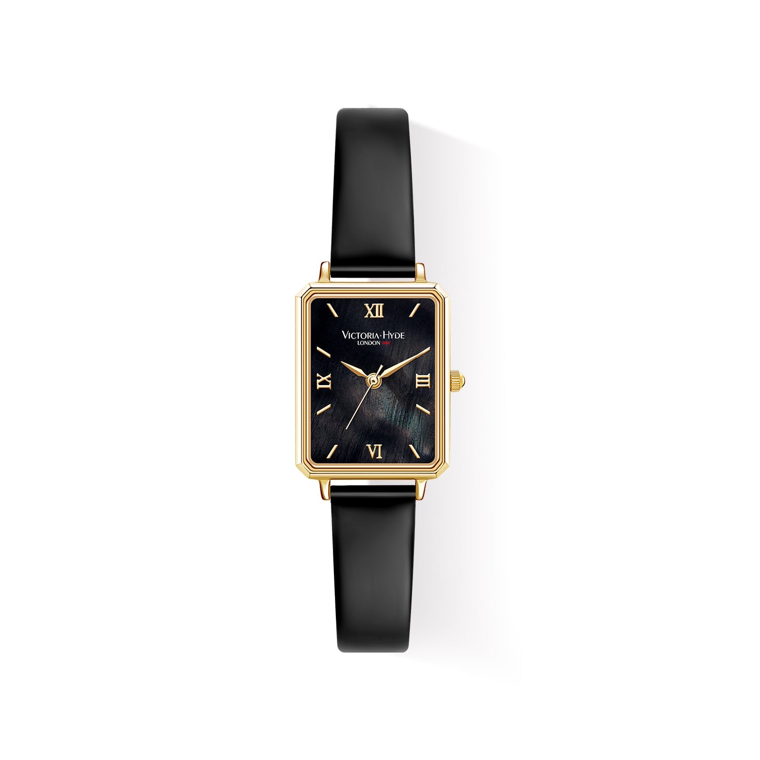 Victoria Hyde Hampton women's watch – square gold case, leather strap, Miyota 2035 movement, mineral glass, 22x28 mm, classic elegance.