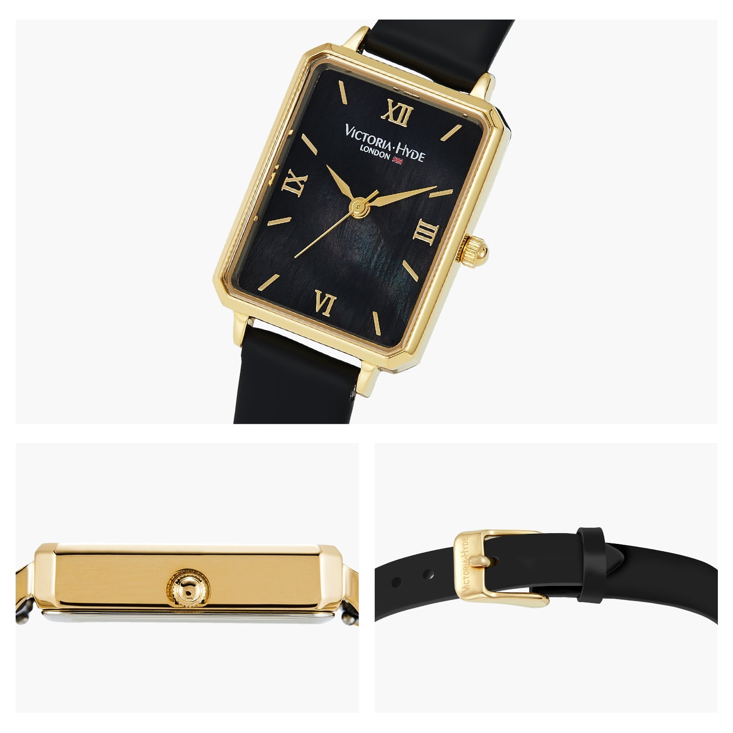 Victoria Hyde Hampton women's watch – square gold case, leather strap, Miyota 2035 movement, mineral glass, 22x28 mm, classic elegance.