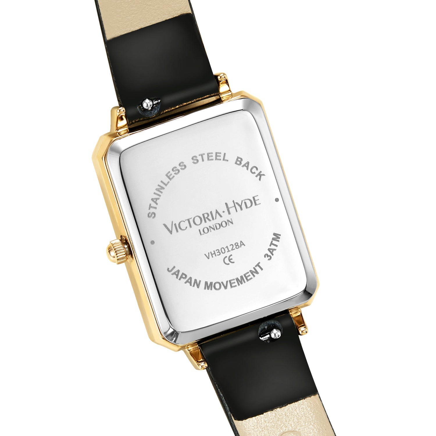Victoria Hyde Hampton women's watch – square gold case, leather strap, Miyota 2035 movement, mineral glass, 22x28 mm, classic elegance.