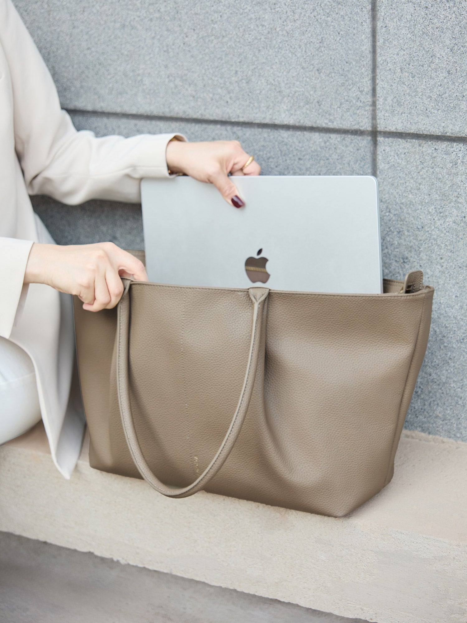 Victoria Hyde Ada Beige new work bag – understated elegance, fits 16" laptop, vegan microfiber leather, water-repellent, perfect for commuters.