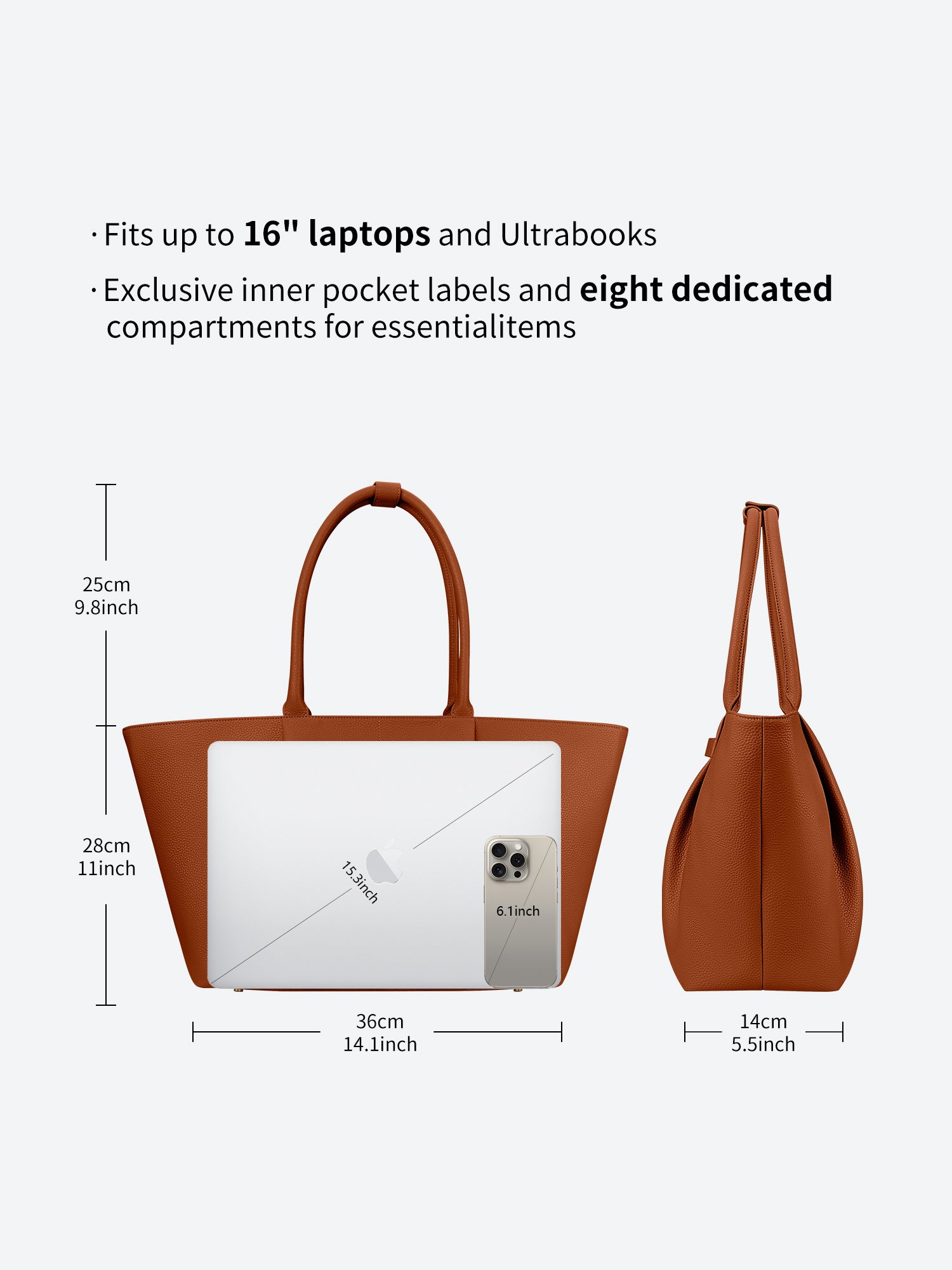 Victoria Hyde Ada brown laptop size guide with dimensions, showing 16-inch laptop compatibility and storage capacity for office essentials.