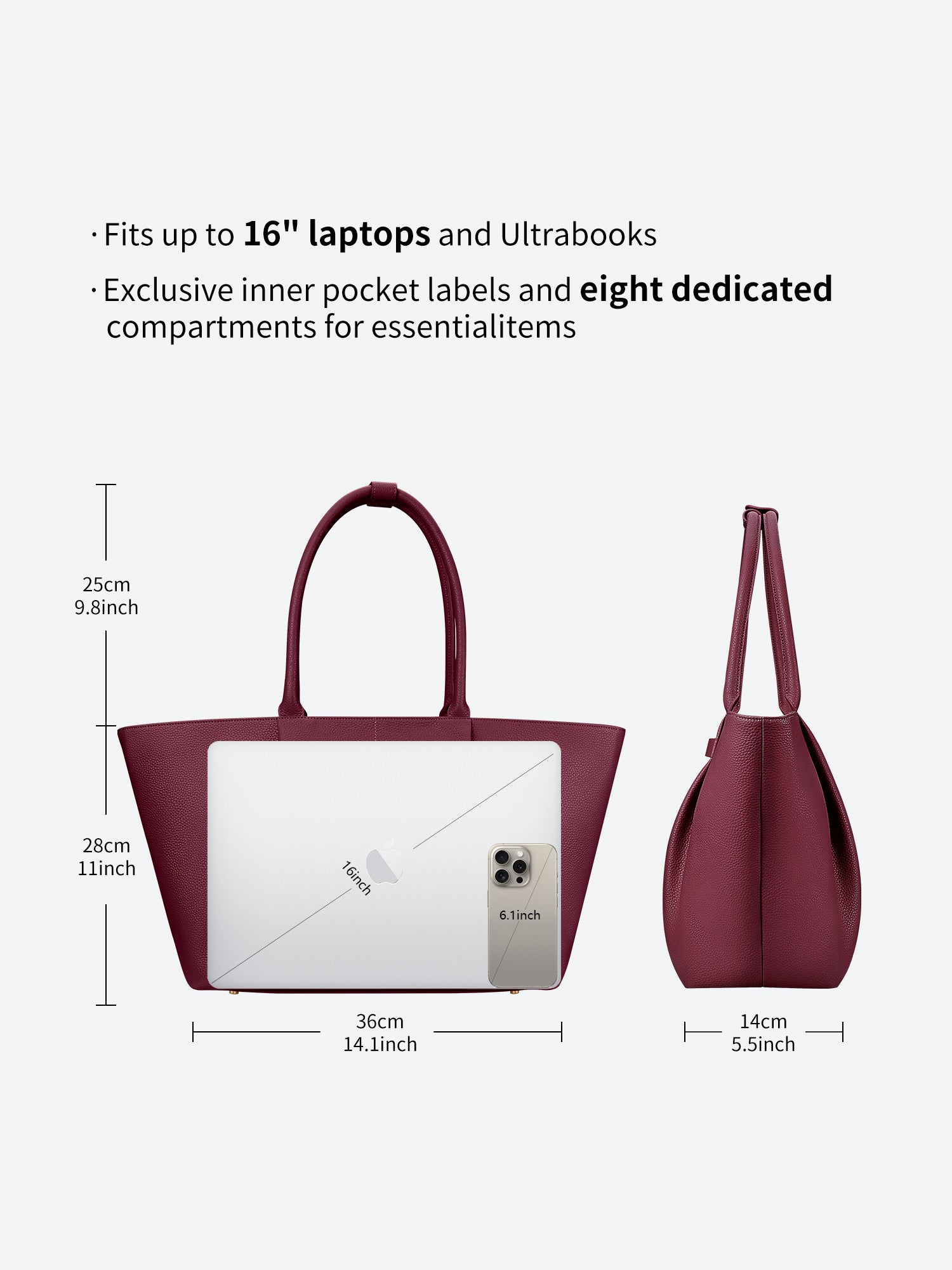 Victoria Hyde Ada red laptop backpack size guide with dimensions, showing 16-inch laptop compatibility and storage capacity for office essentials.