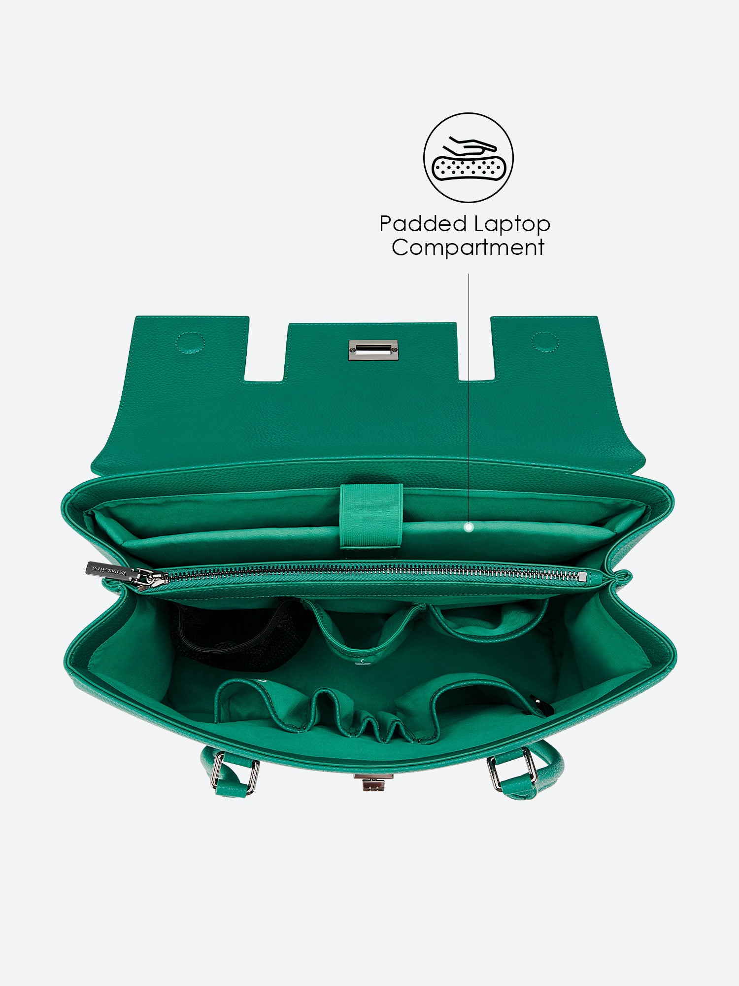 Victoria Hyde Jolene green laptop bag top-down view, showcasing spacious main compartment and interior design for 15-inch laptops and daily essentials.