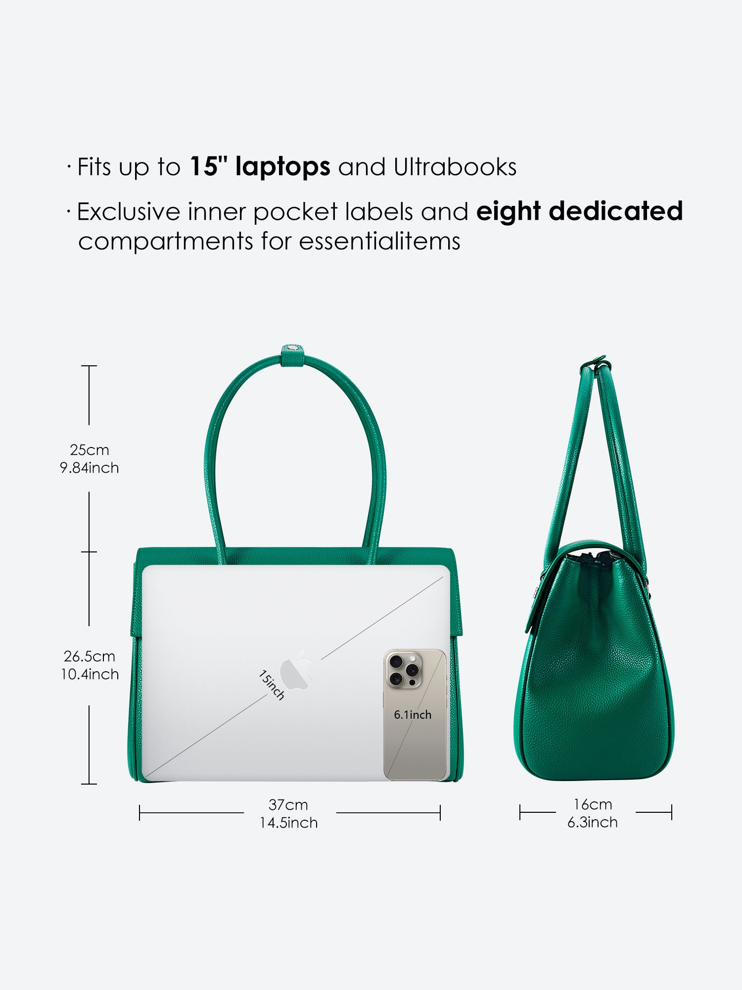 Victoria Hyde Jolene green laptop size guide with dimensions, showing 15-inch laptop compatibility and storage capacity for office essentials.