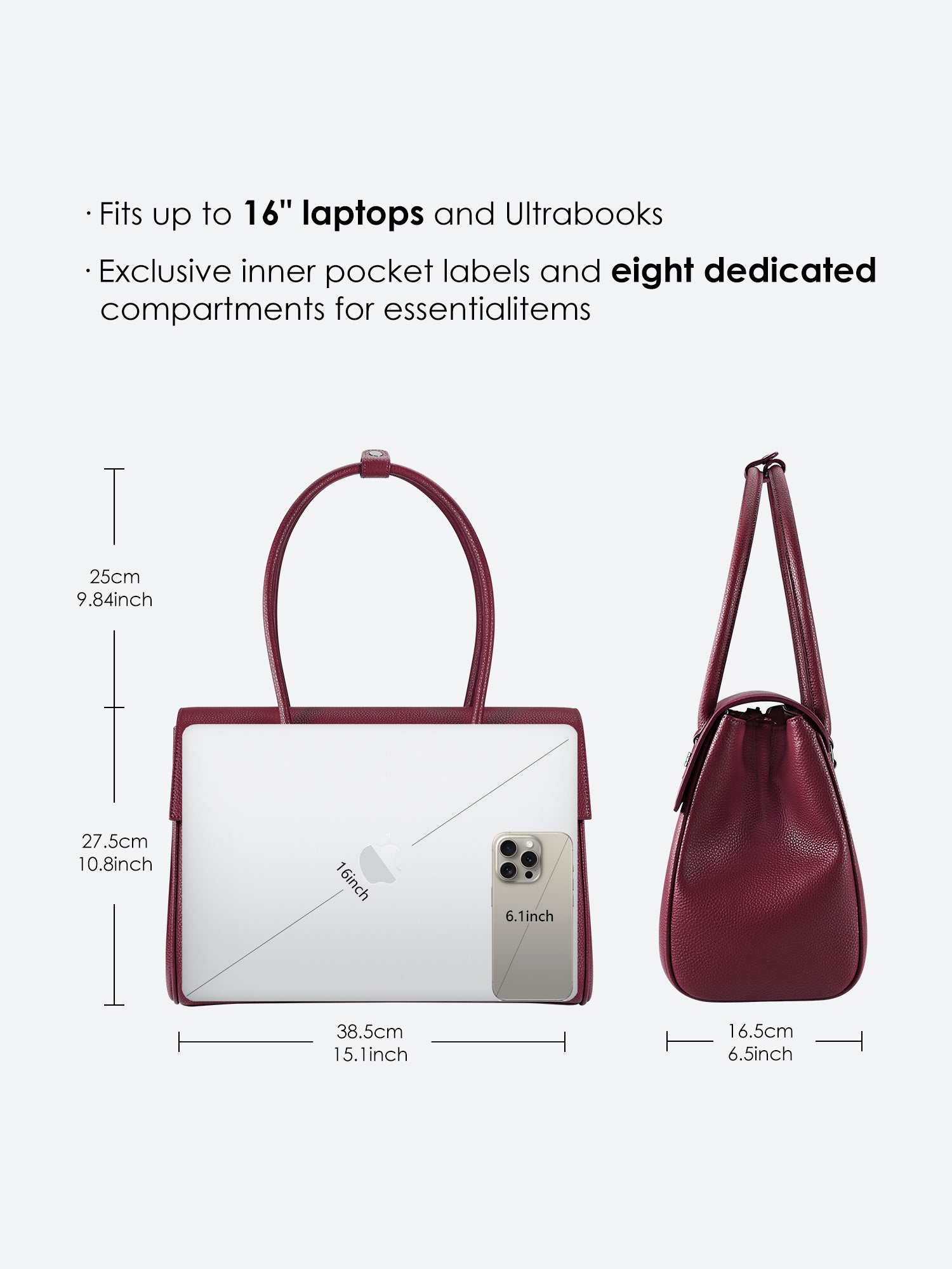 Victoria Hyde Jolene winered laptop size guide with dimensions, showing 16-inch laptop compatibility and storage capacity for office essentials.