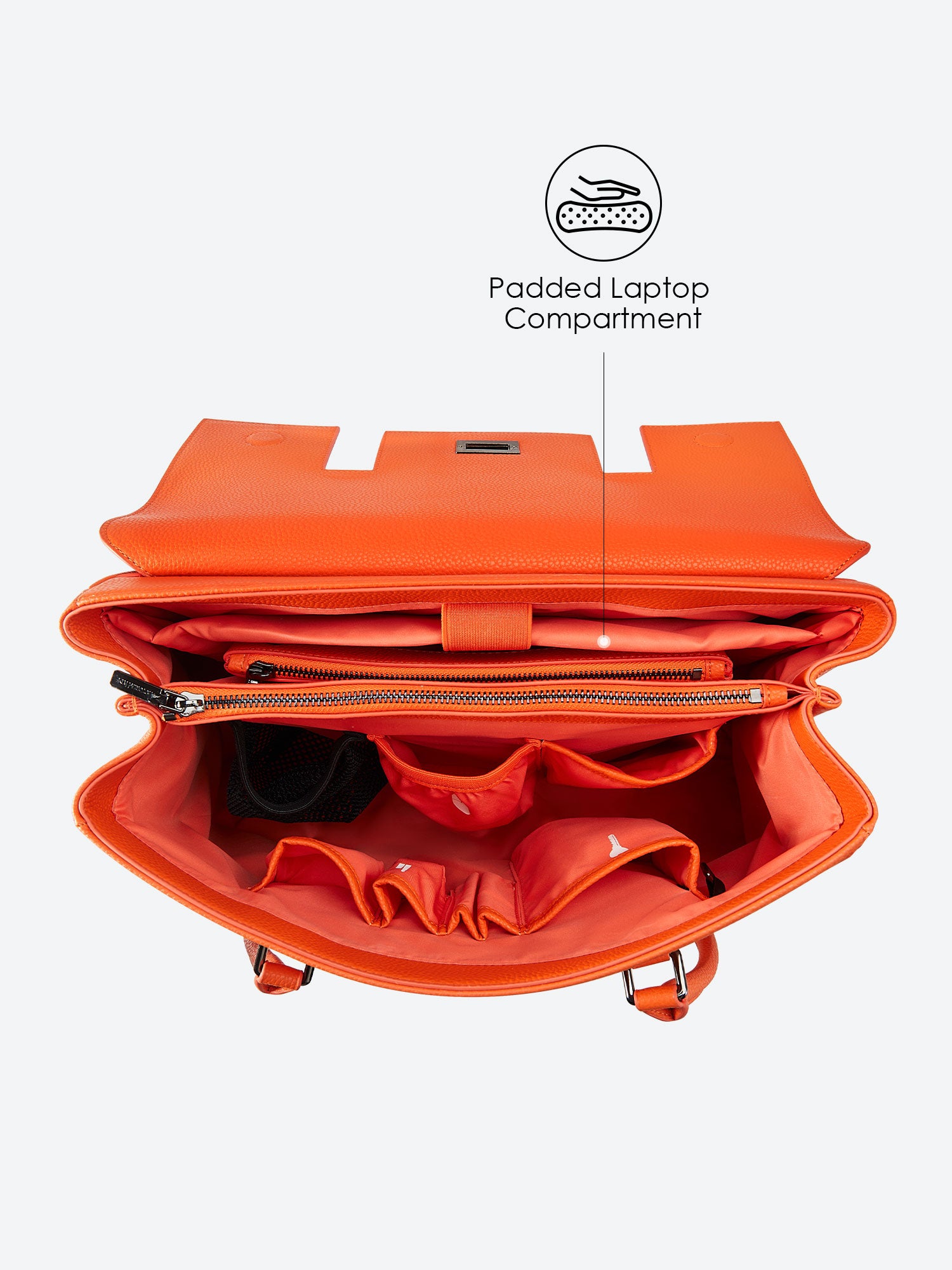 Victoria Hyde Jolene orange laptop bag top-down view, showcasing spacious main compartment and interior design for 15-inch laptops and daily essentials.