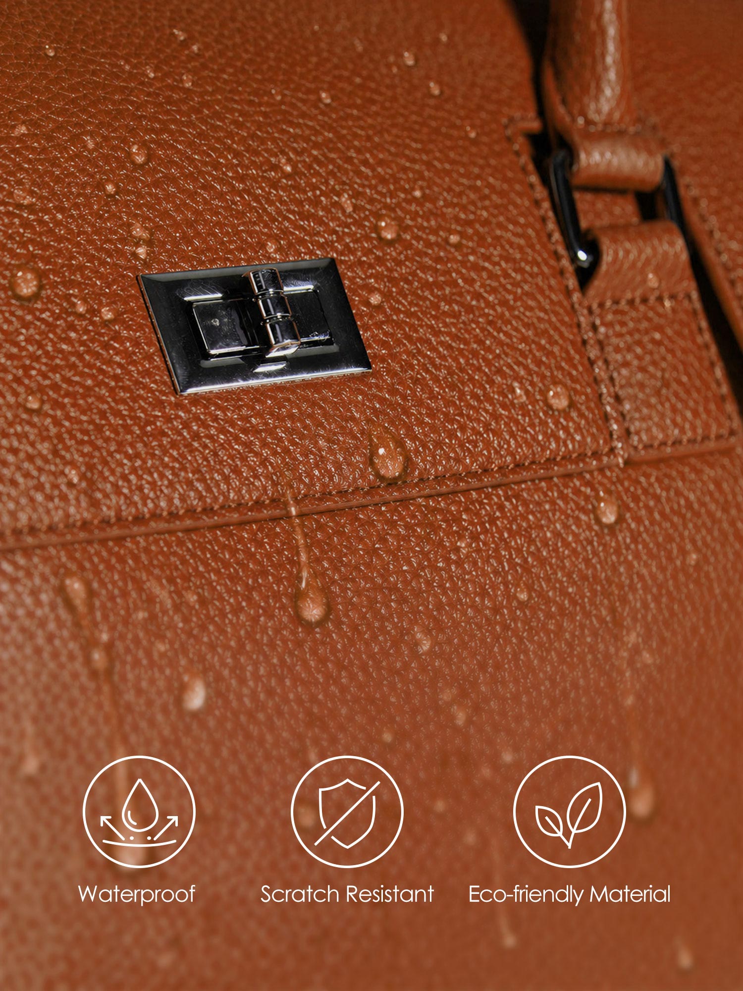 Victoria Hyde Jolene brown laptop bag material benefits: waterproof, scratch-resistant, and eco-friendly vegan leather for long-lasting business use.