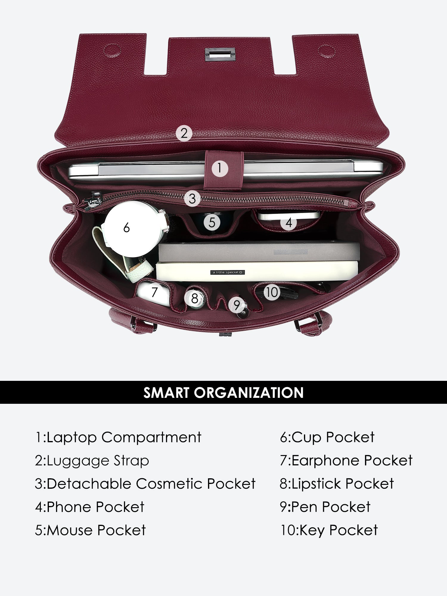 Victoria Hyde Jolene winered laptop bag interior features 10 smart organized pockets for 16-inch laptop, smartphone, pens, and accessories for daily work.