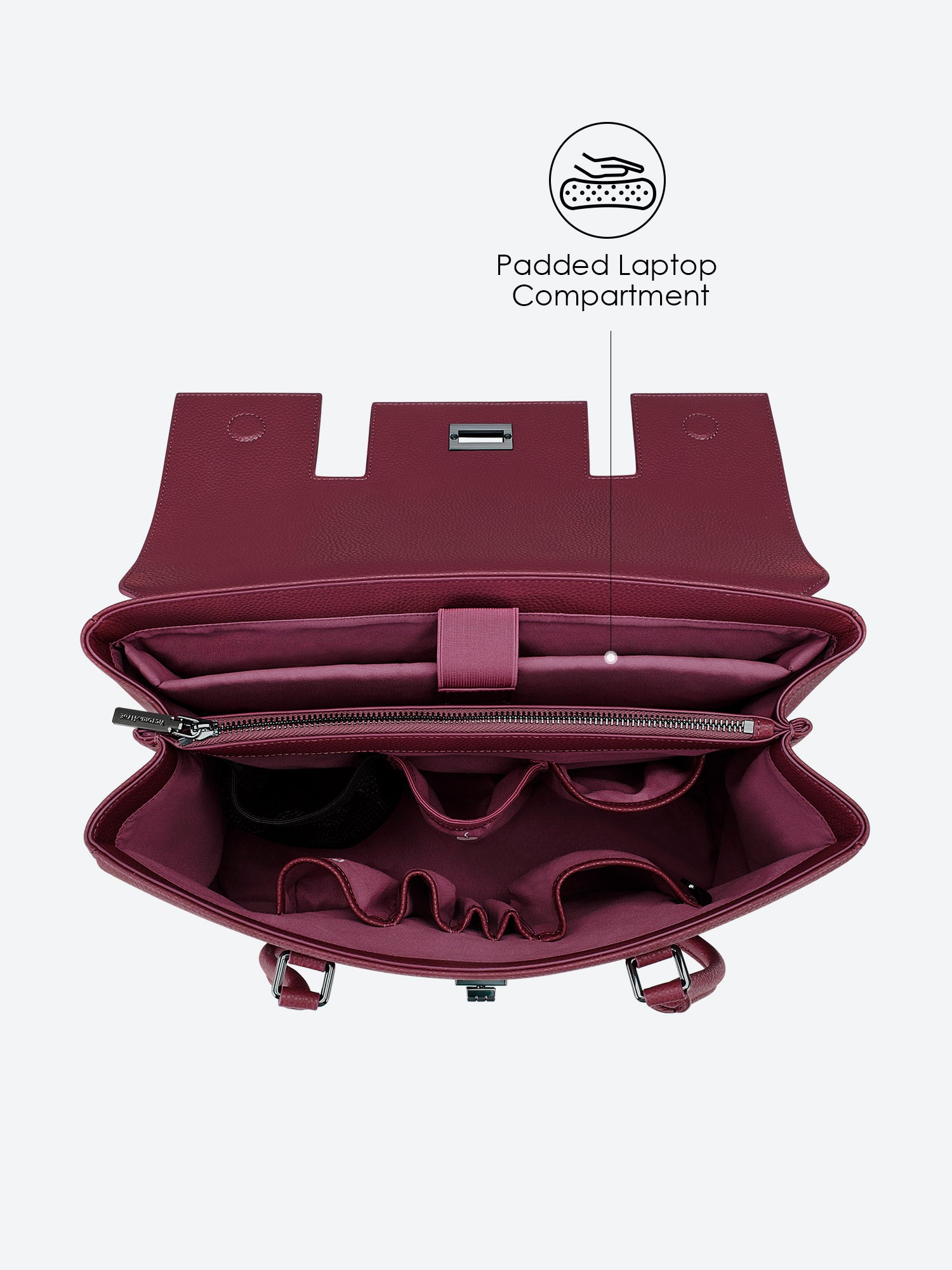 Victoria Hyde Jolene winered laptop bag top-down view, showcasing spacious main compartment and interior design for 16-inch laptops and daily essentials.