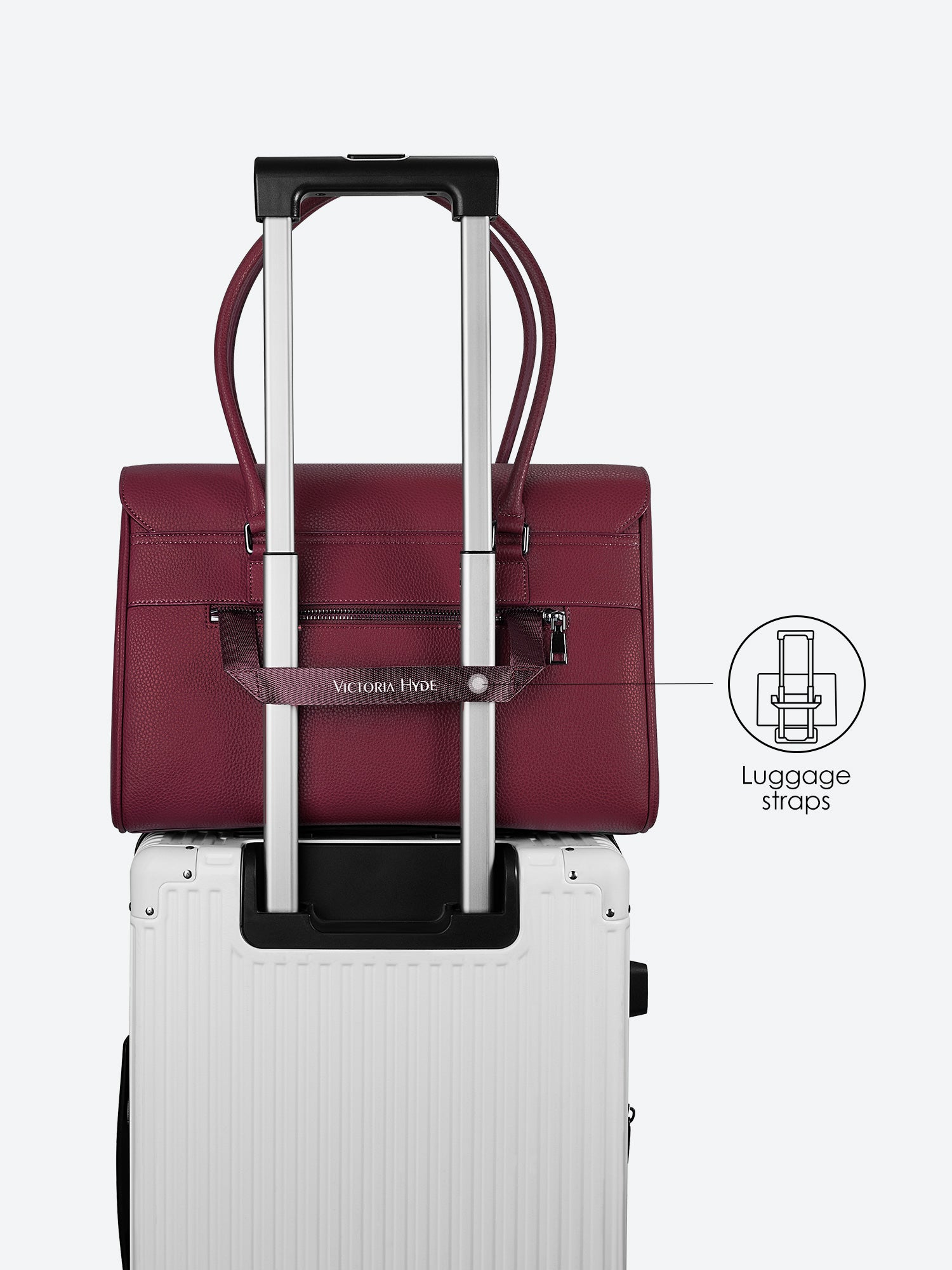 Victoria Hyde Jolene winered laptop bag with luggage strap, easily attaches to trolley handles for convenient travel, stylish business bag for commuters.