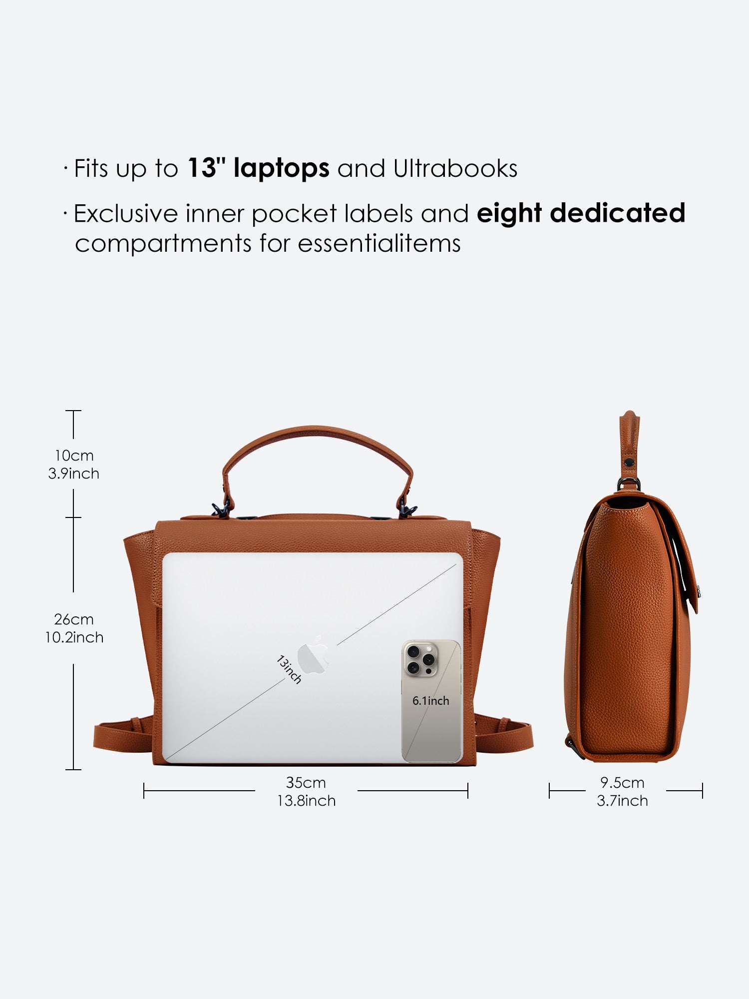 Victoria Hyde Potter brown laptop backpack size guide with dimensions, showing 13-inch laptop compatibility and storage capacity for office essentials.
