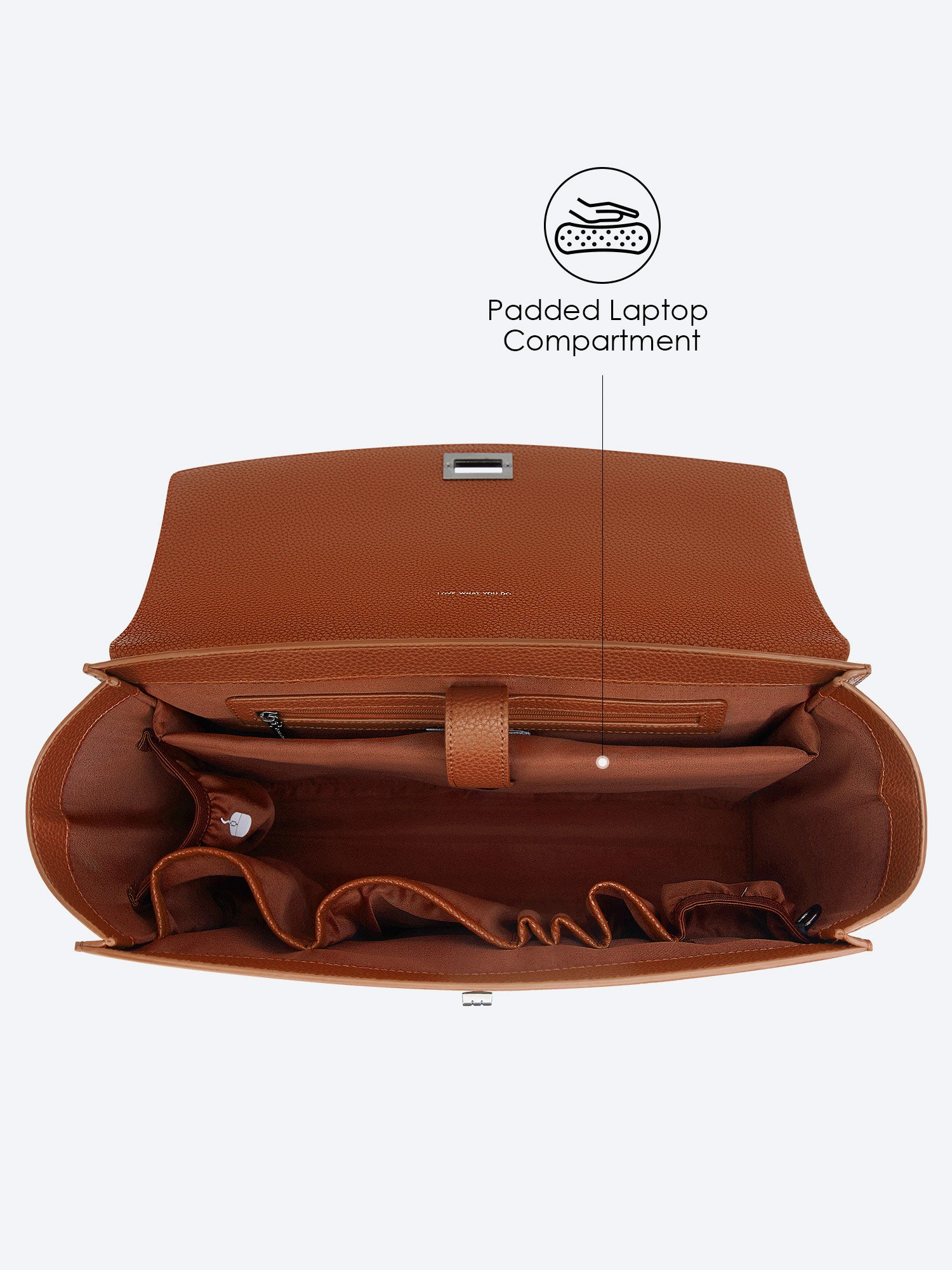 Victoria Hyde Potter brown laptop bag top-down open view, showing spacious interior for 13-inch laptops and daily essentials for professional women.