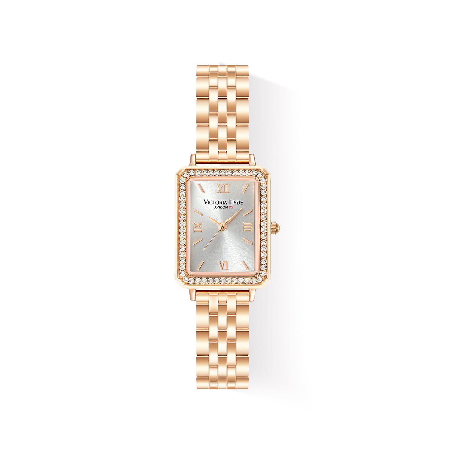 Victoria Hyde Westminster rose gold women's watch with diamond details, square case, stainless steel bracelet, Miyota movement, elegant style.