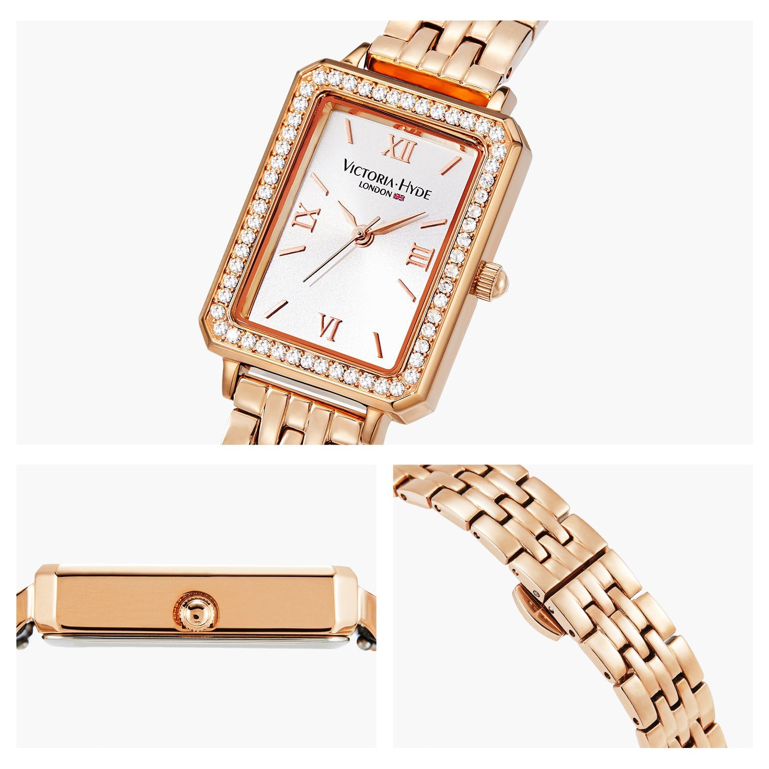 Victoria Hyde Westminster rose gold women's watch with diamond details, square case, stainless steel bracelet, Miyota movement, elegant style.