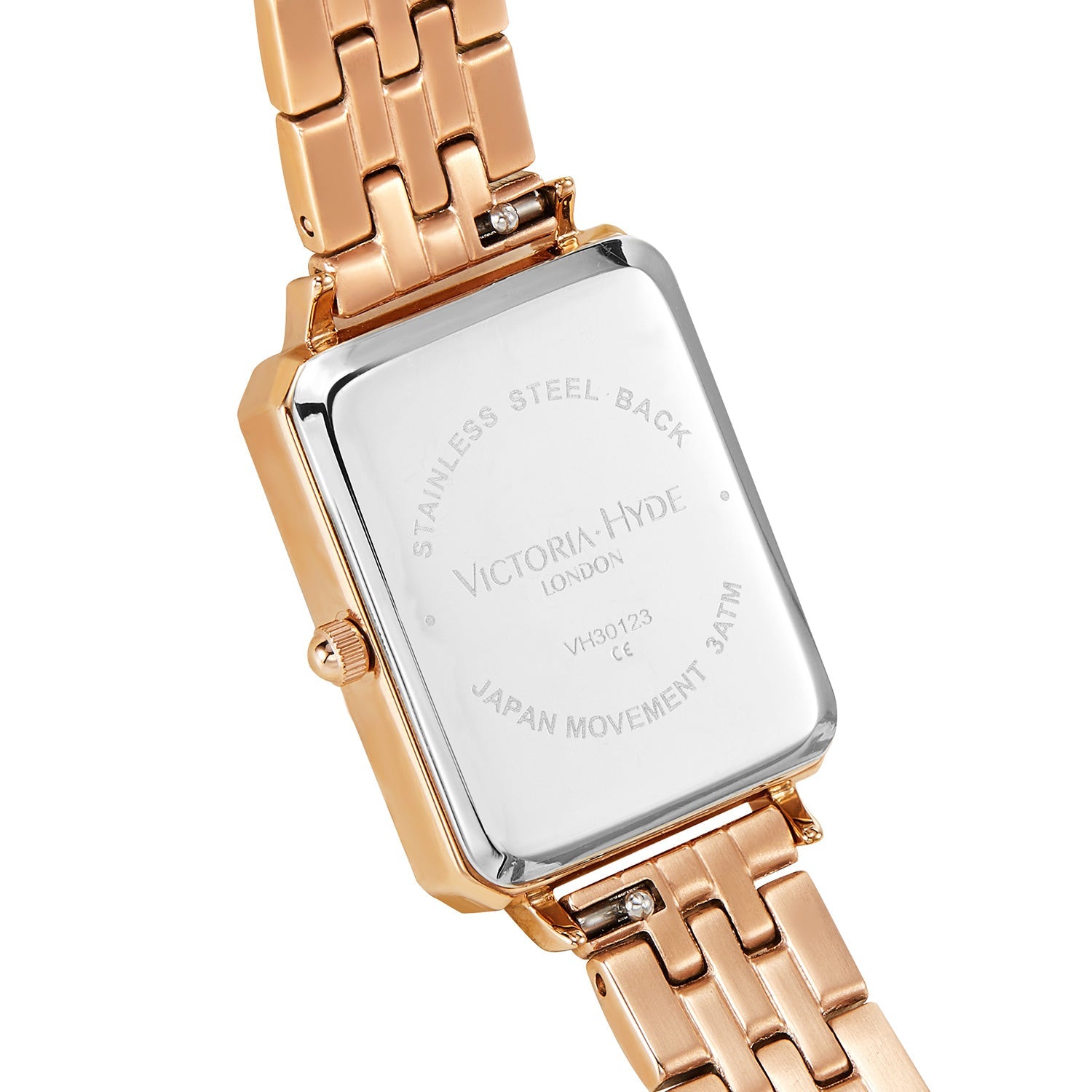 Victoria Hyde Westminster rose gold women's watch with diamond details, square case, stainless steel bracelet, Miyota movement, elegant style.