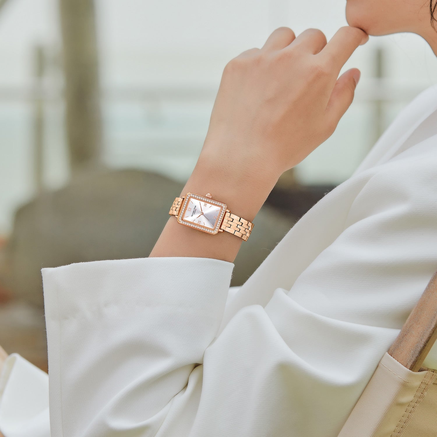 Victoria Hyde Westminster rose gold women's watch with diamond details, square case, stainless steel bracelet, Miyota movement, elegant style.