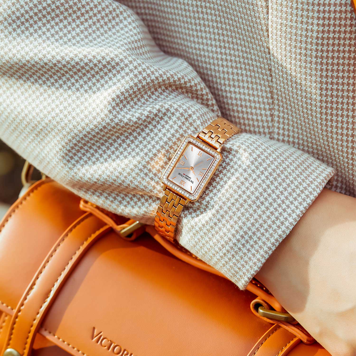 Victoria Hyde Westminster rose gold women's watch with diamond details, square case, stainless steel bracelet, Miyota movement, elegant style.