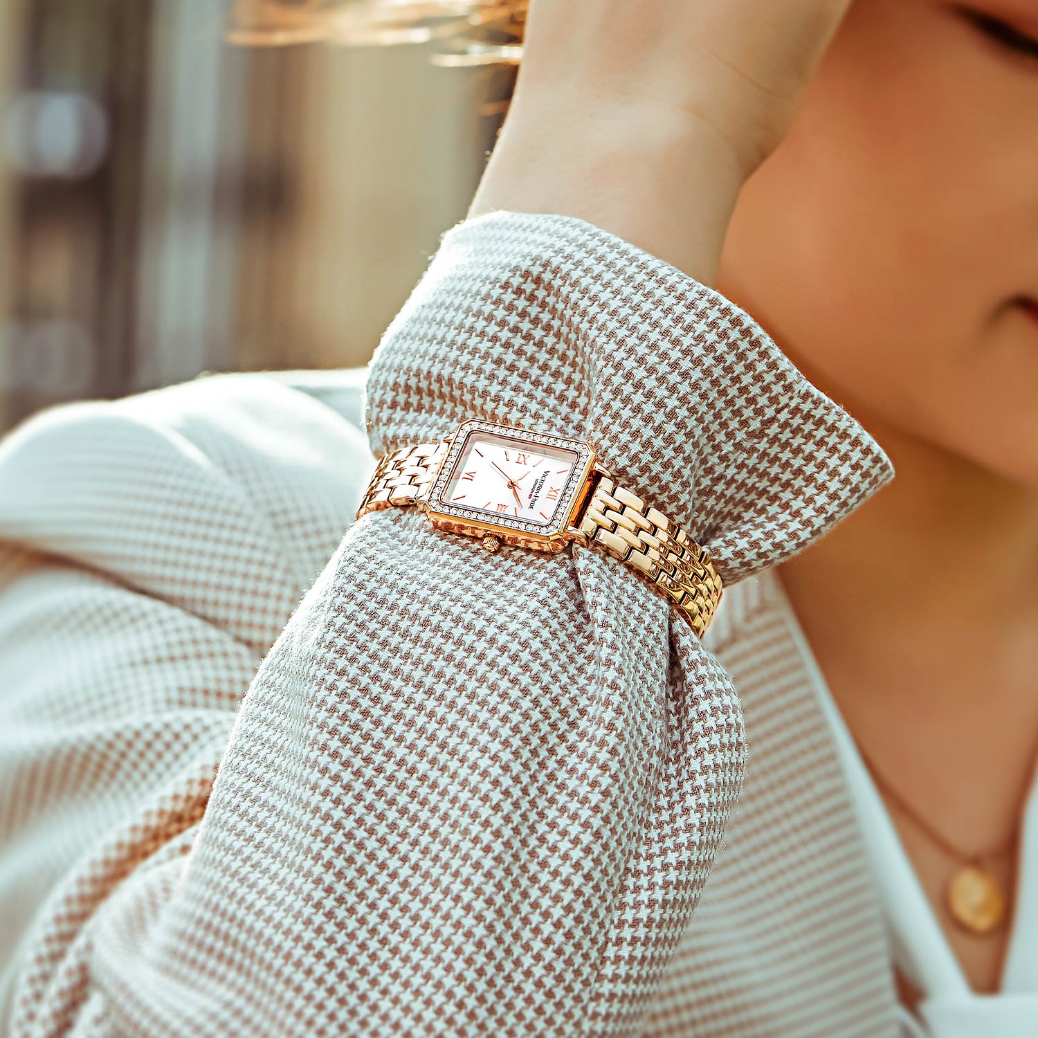 Victoria Hyde Westminster rose gold women's watch with diamond details, square case, stainless steel bracelet, Miyota movement, elegant style.