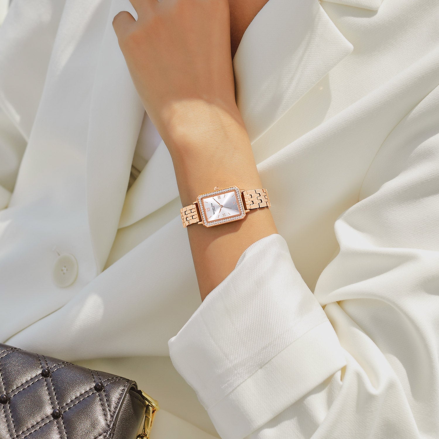 Victoria Hyde Westminster rose gold women's watch with diamond details, square case, stainless steel bracelet, Miyota movement, elegant style.