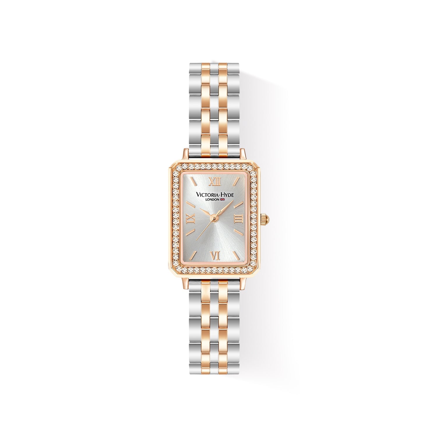 Victoria Hyde Westminster Silver Rose Gold women's watch with diamond details, square case, stainless steel bracelet, Miyota movement, elegant design.