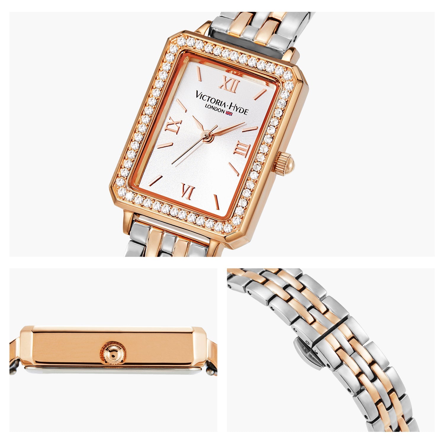 Victoria Hyde Westminster Silver Rose Gold women's watch with diamond details, square case, stainless steel bracelet, Miyota movement, elegant design.