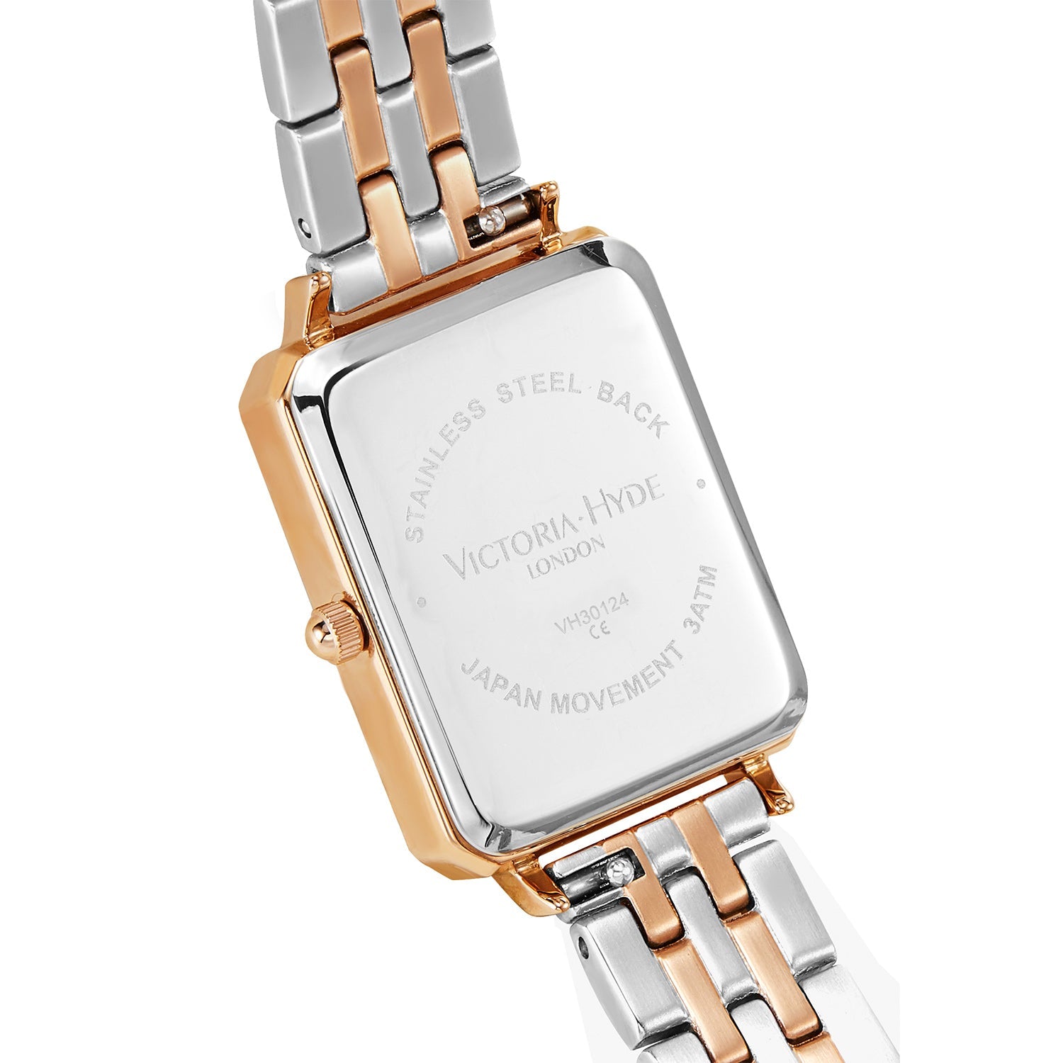Victoria Hyde Westminster Silver Rose Gold women's watch with diamond details, square case, stainless steel bracelet, Miyota movement, elegant design.