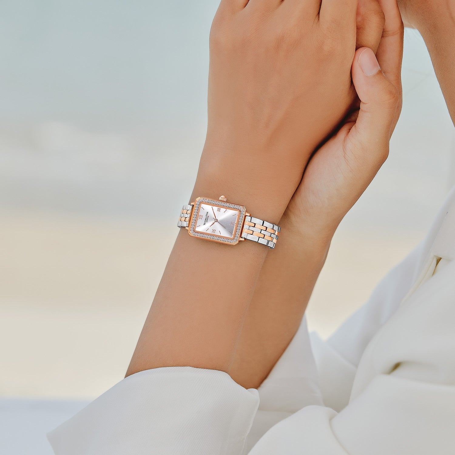 Victoria Hyde Westminster Silver Rose Gold women's watch with diamond details, square case, stainless steel bracelet, Miyota movement, elegant design.