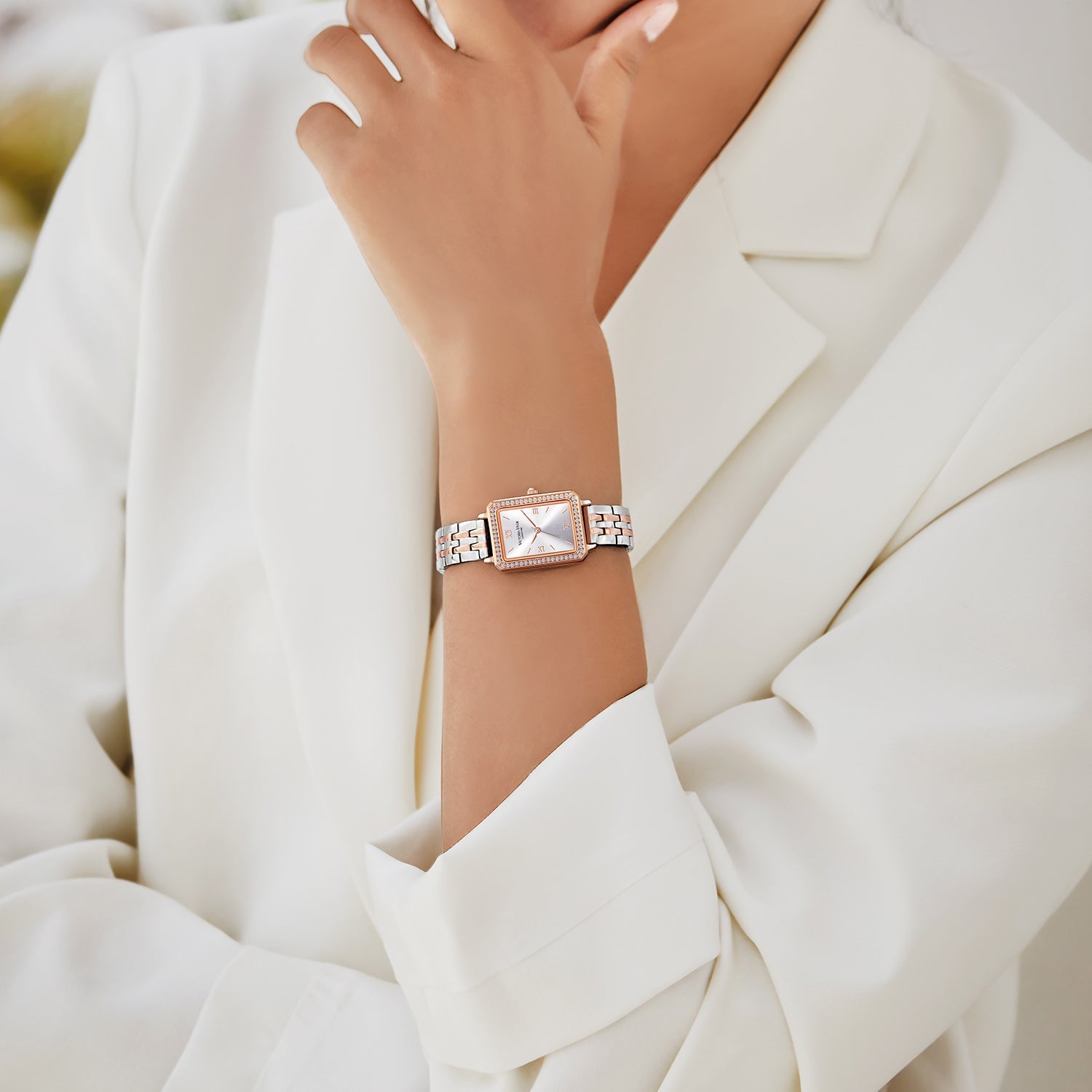 Victoria Hyde Westminster Silver Rose Gold women's watch with diamond details, square case, stainless steel bracelet, Miyota movement, elegant design.