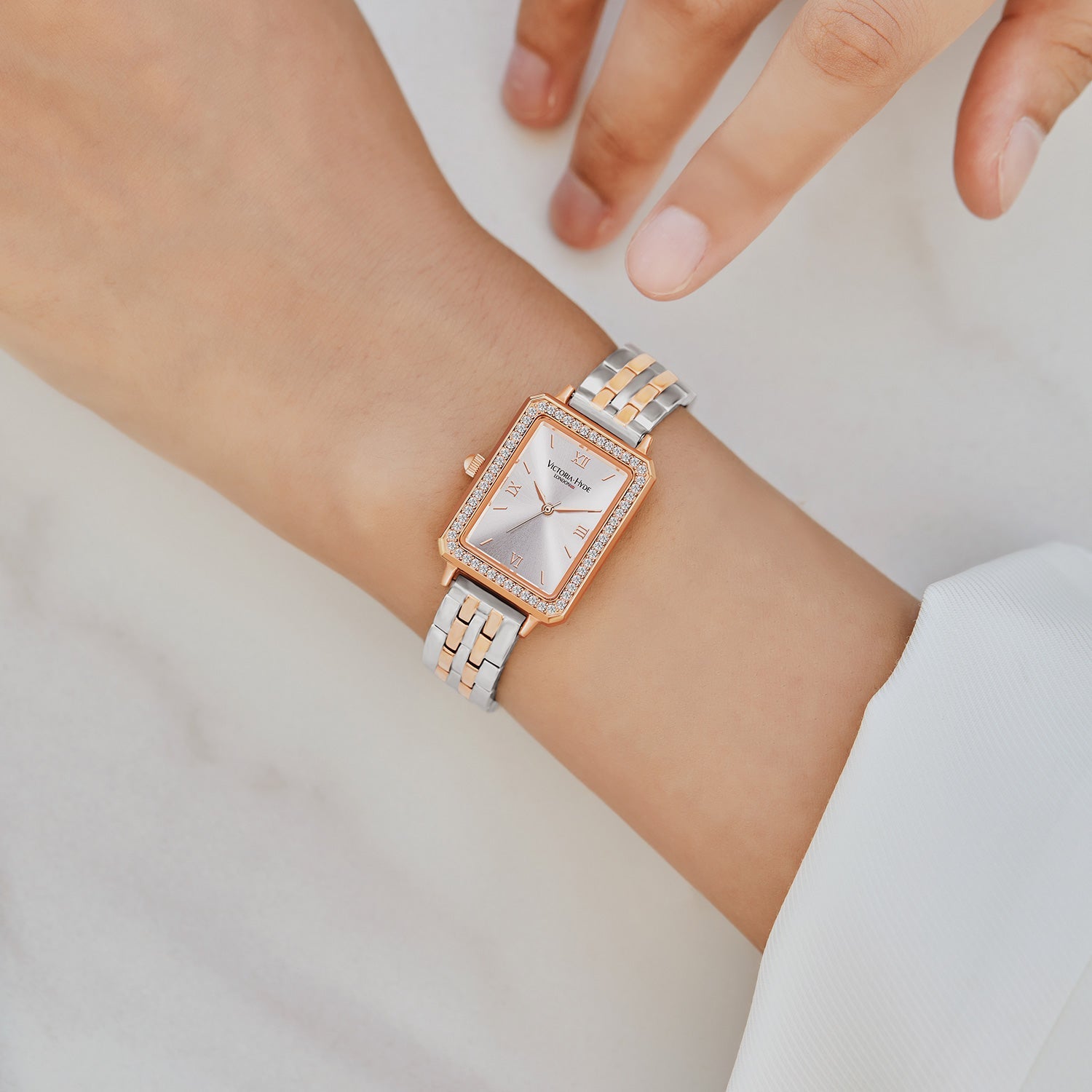Victoria Hyde Westminster Silver Rose Gold women's watch with diamond details, square case, stainless steel bracelet, Miyota movement, elegant design.
