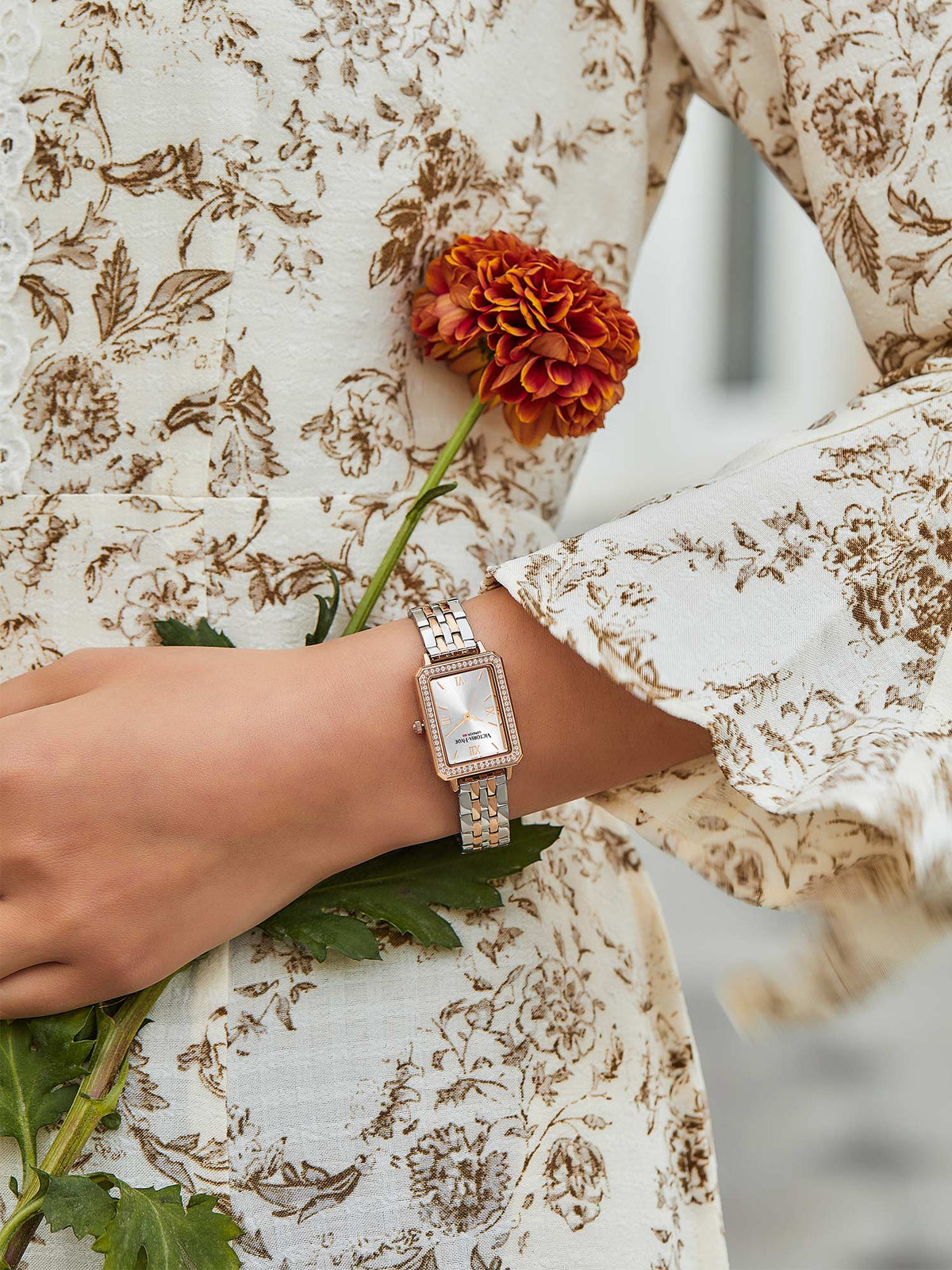 Victoria Hyde Westminster Silver Rose Gold women's watch with diamond details, square case, stainless steel bracelet, Miyota movement, elegant design.
