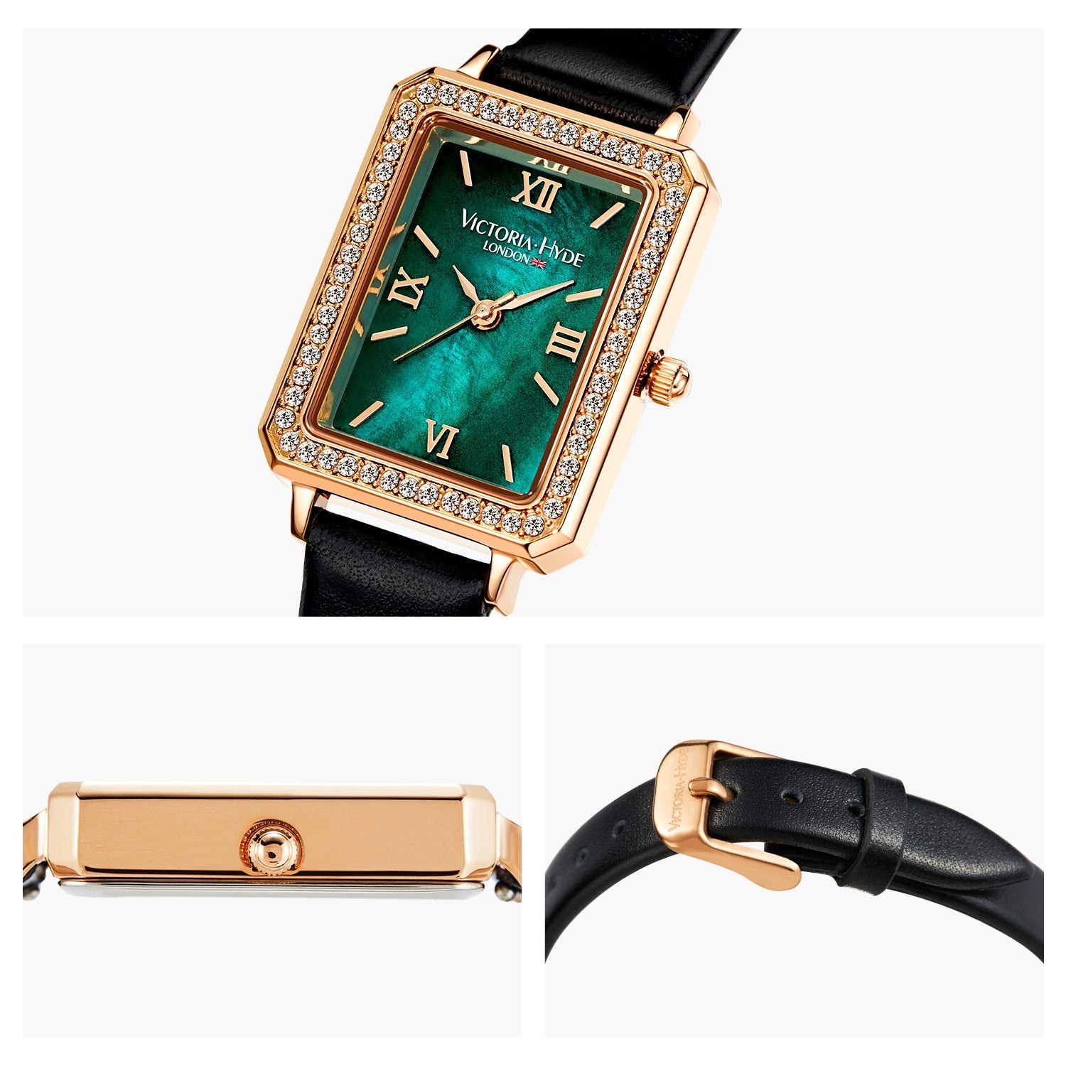 Victoria Hyde women's watch with Miyota movement, genuine leather strap, mineral glass, compact 22×28 mm case, elegant design.