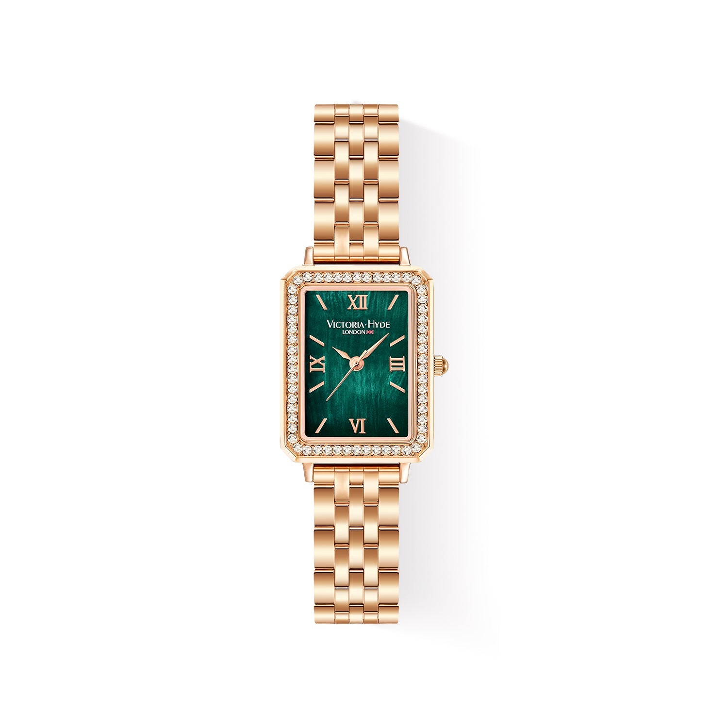 Victoria Hyde Westminster women's watch in rose gold with green dial, square case, stainless steel bracelet, classic elegant design.