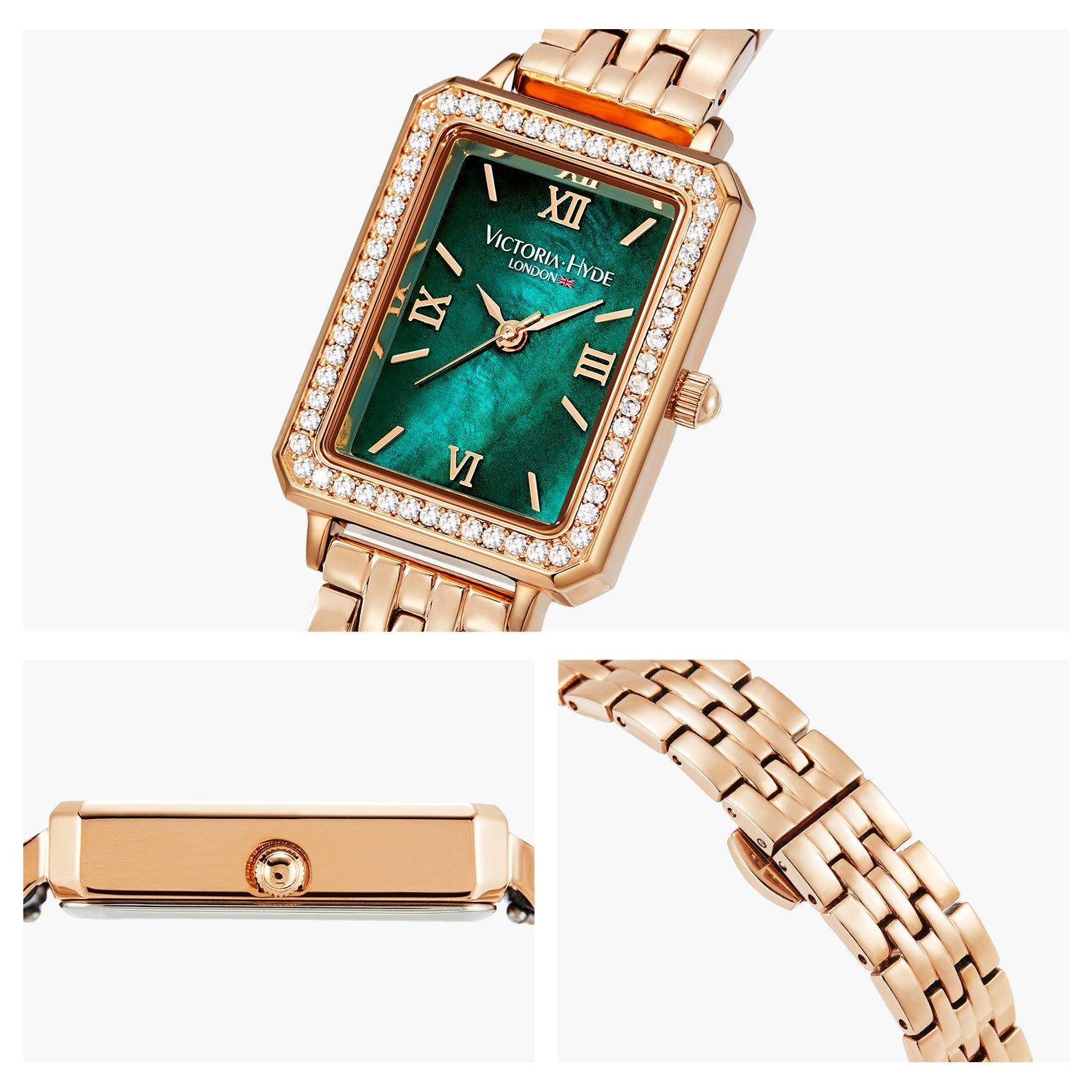 Victoria Hyde Westminster women's watch in rose gold with green dial, square case, stainless steel bracelet, classic elegant design.