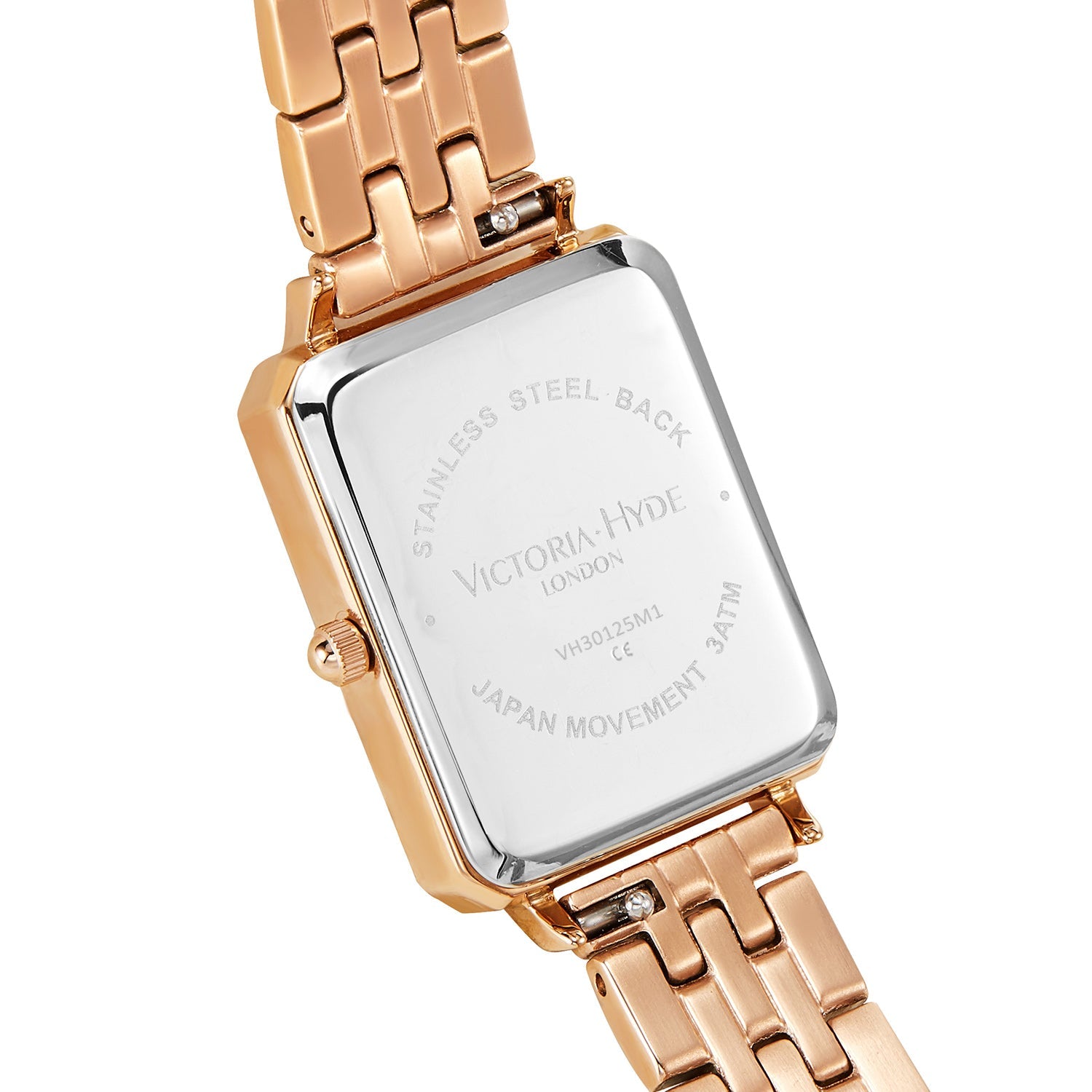 Victoria Hyde Westminster women's watch in rose gold with green dial, square case, stainless steel bracelet, classic elegant design.