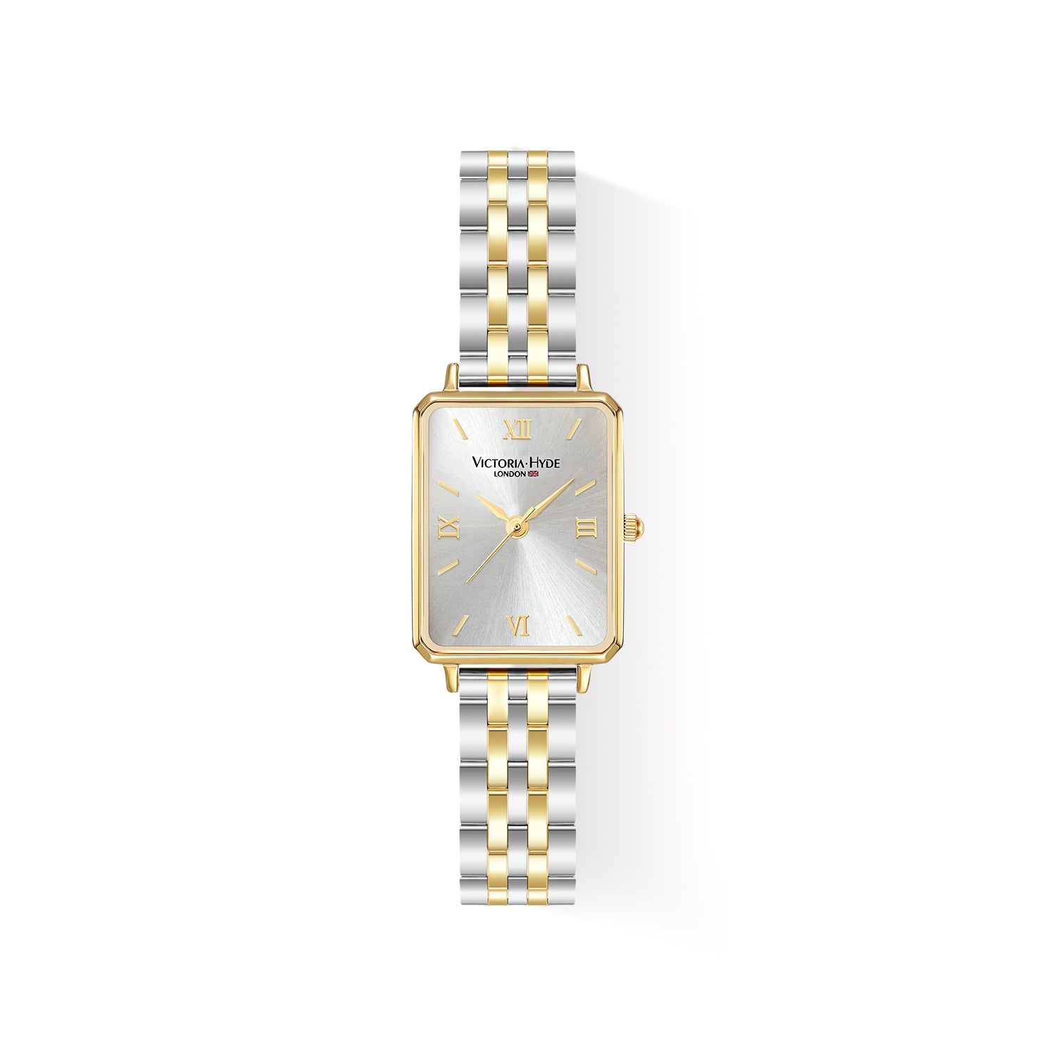Victoria Hyde Hampton women's square watch with gold case, green dial, black leather strap, Japanese Miyota movement, classic elegant design.