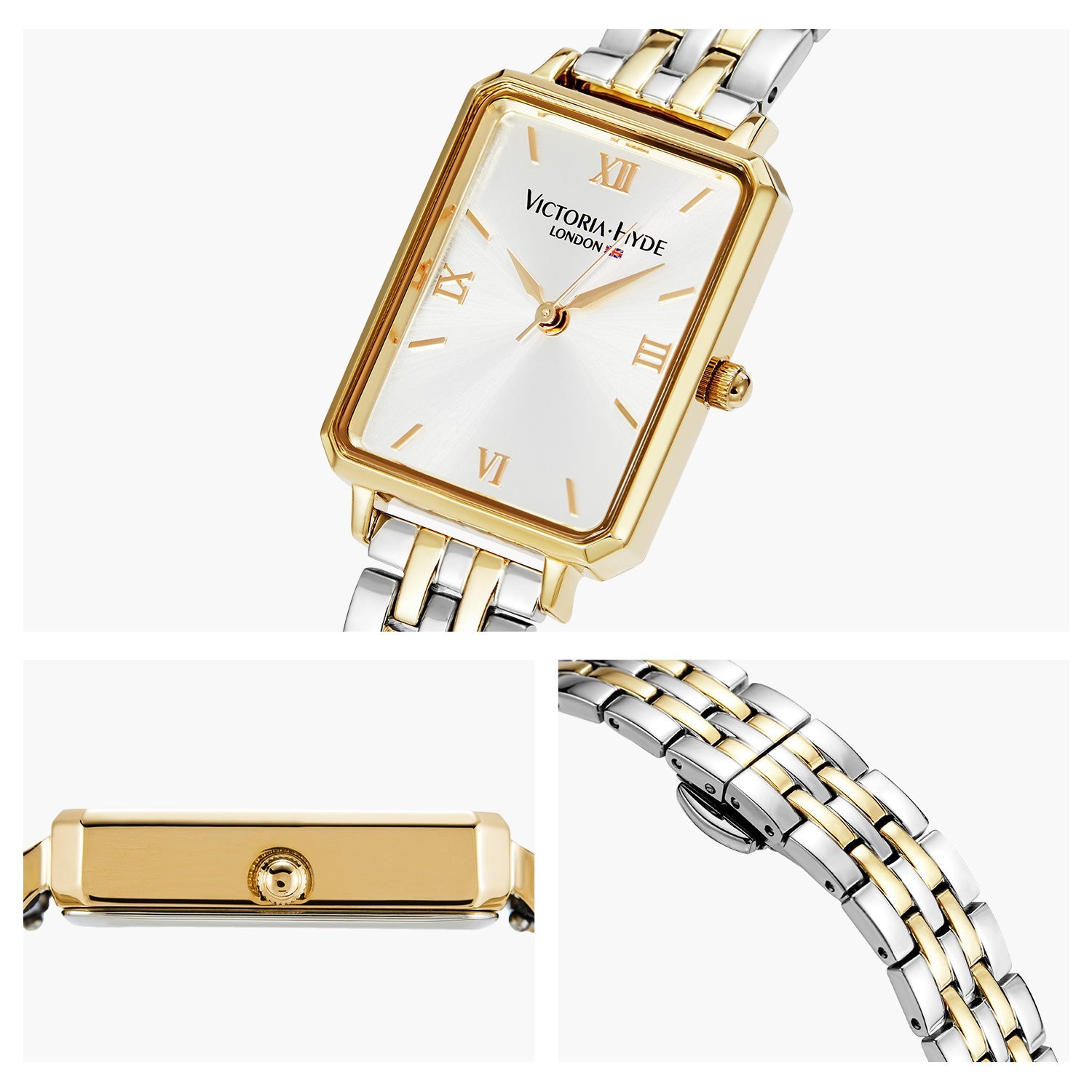 Victoria Hyde Hampton women's square watch with gold case, green dial, black leather strap, Japanese Miyota movement, classic elegant design.