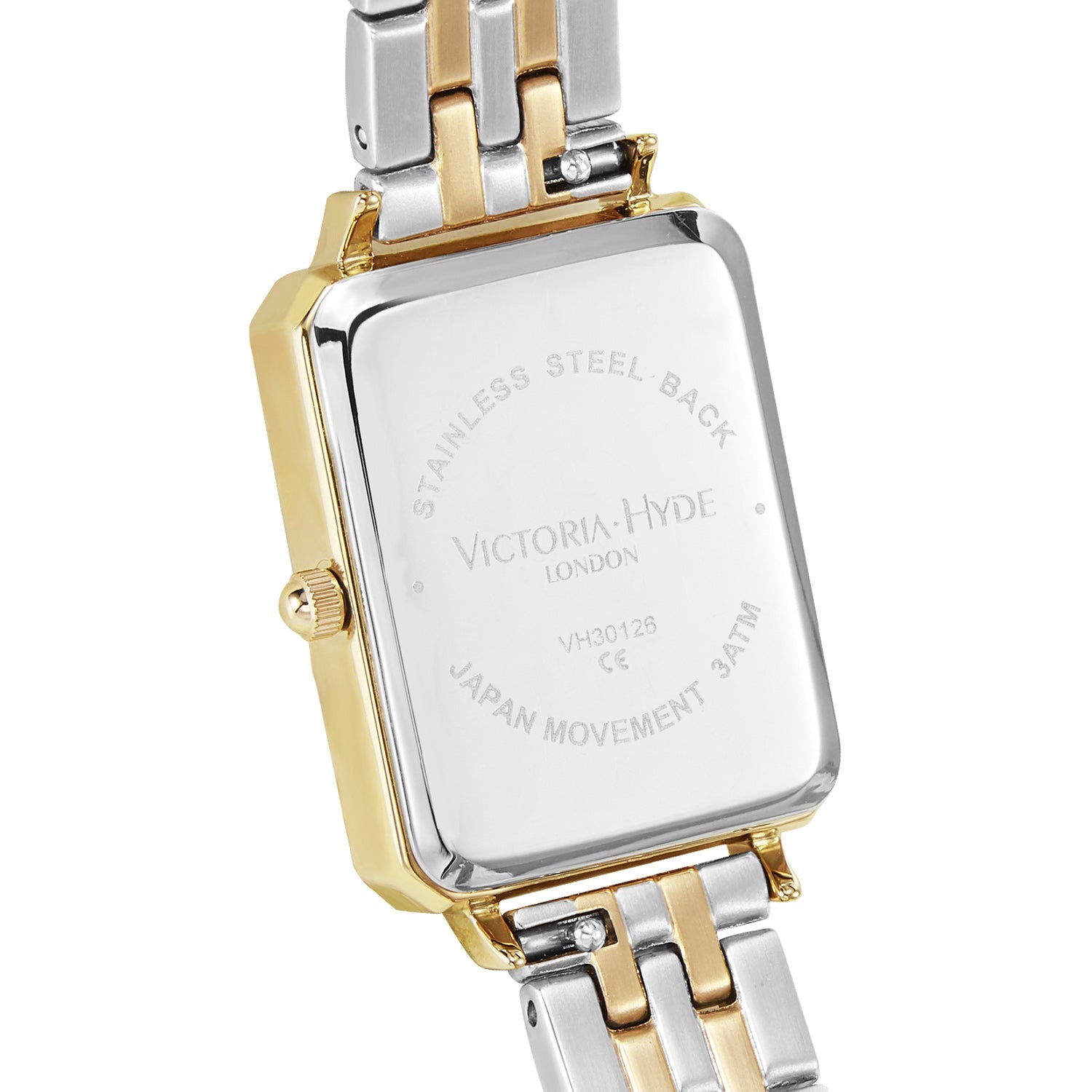 Victoria Hyde Hampton women's square watch with gold case, green dial, black leather strap, Japanese Miyota movement, classic elegant design.